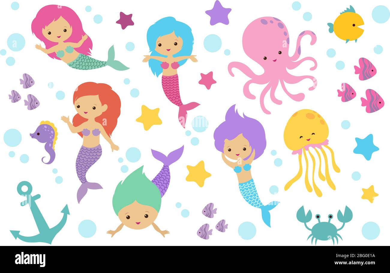 Cute cartoon mermaids, sea animals and ocean life objects vector set. Mermaid and fish, underwater starfish and seahorse illustration Stock Vector
