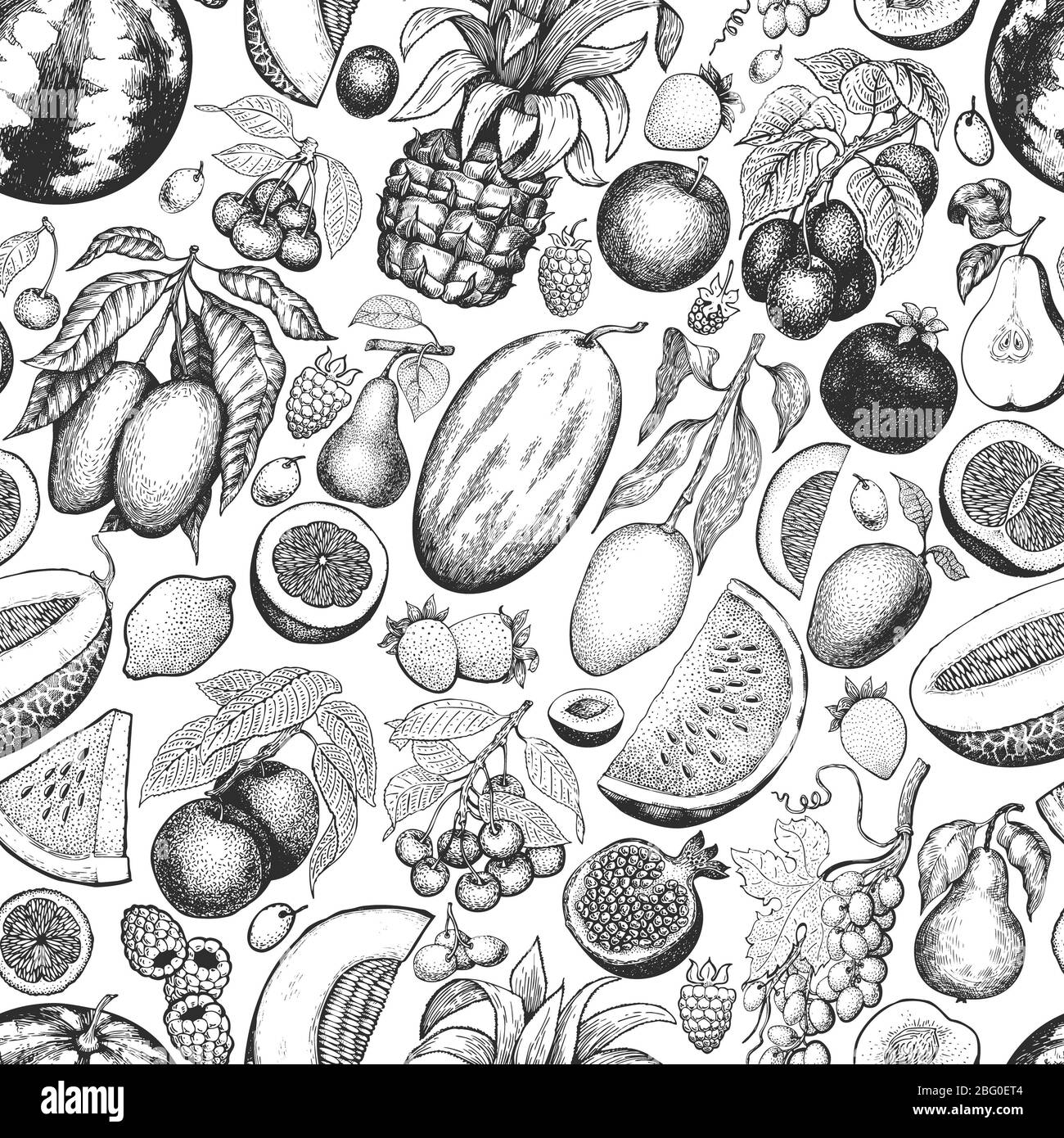 Fruits and berries seamless pattern. Hand drawn vector tropic fruits illustration. Engraved style fruit. Retro exotic food banner. Stock Photo