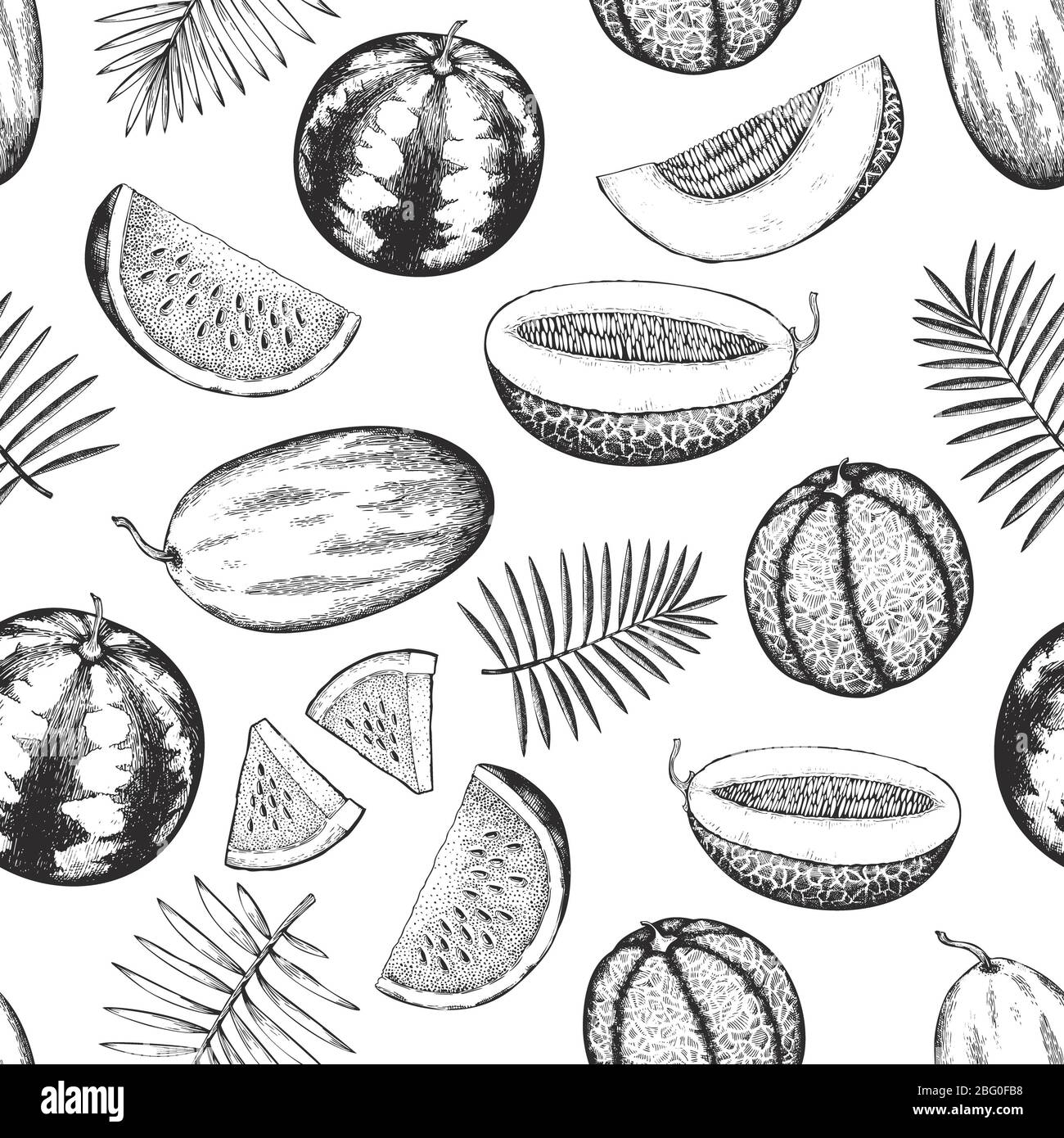 Melons and watermelons with tropical leaves seamless pattern. Hand ...