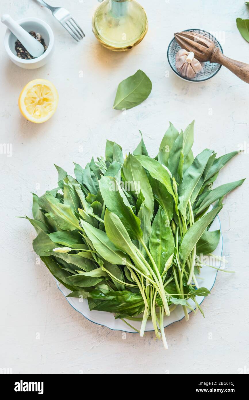 Fresh organic wild garlic ramson bunch on light kitchen tables with cooking ingredients. Top view. Healthy seasonal food Stock Photo