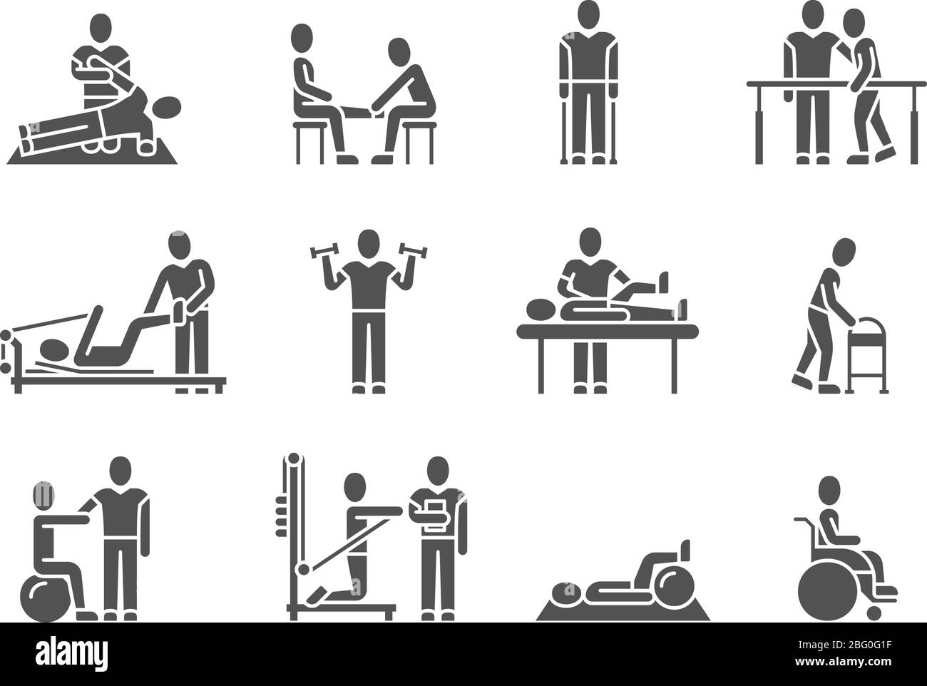 Medical physical therapy and people rehabilitation treatment black silhouette vector icons. Therapeutic and physiotherapy, recuperation and rehabilita Stock Vector