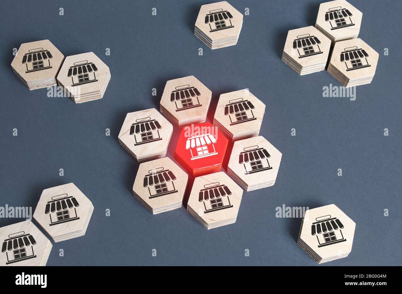 Figures with store symbols are combined into an assembly. Franchise