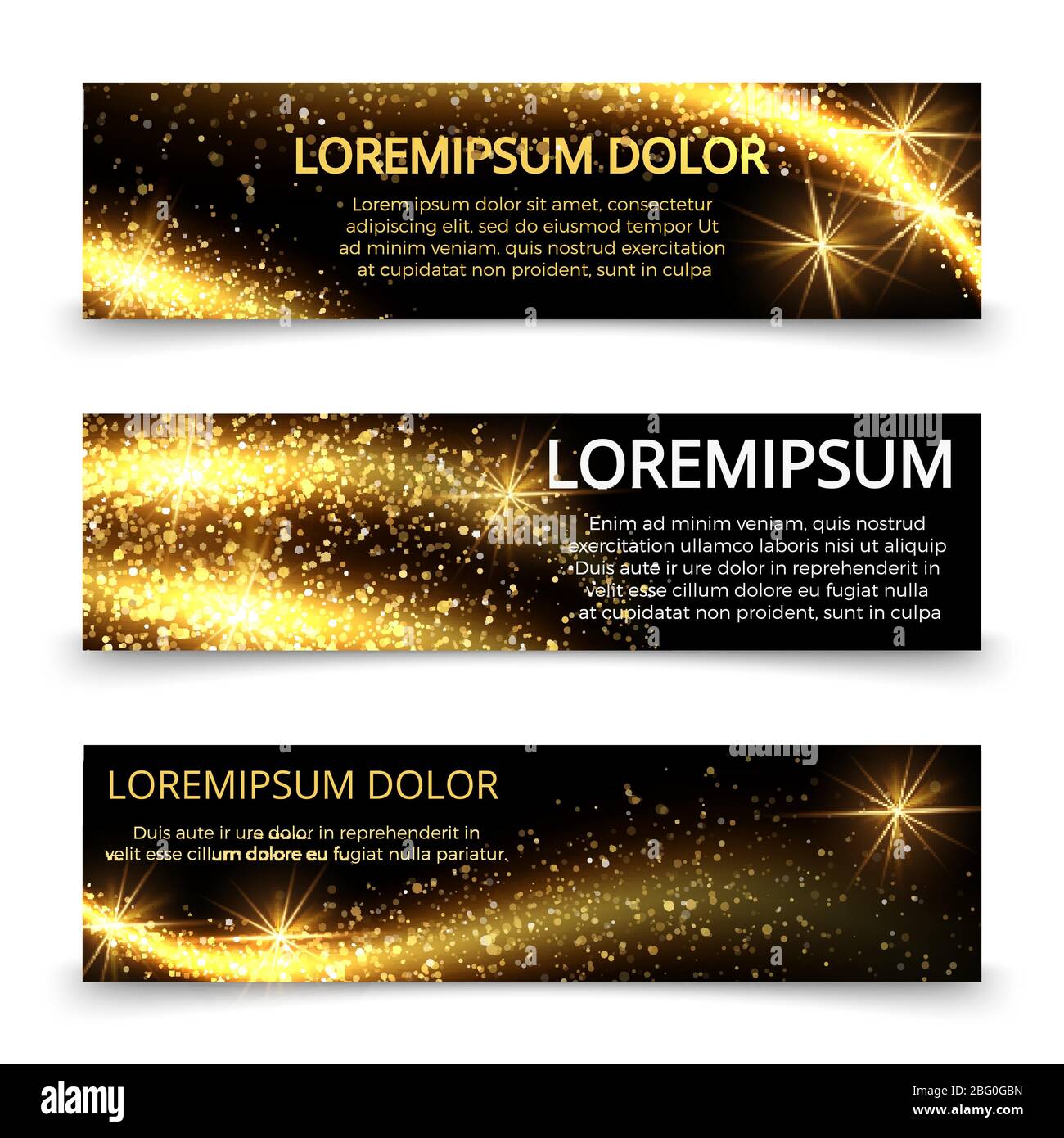 Golden glittering magic sparkle stardust banners template. Poster with sparkle light glow for christmas decorative. Vector illustration Stock Vector