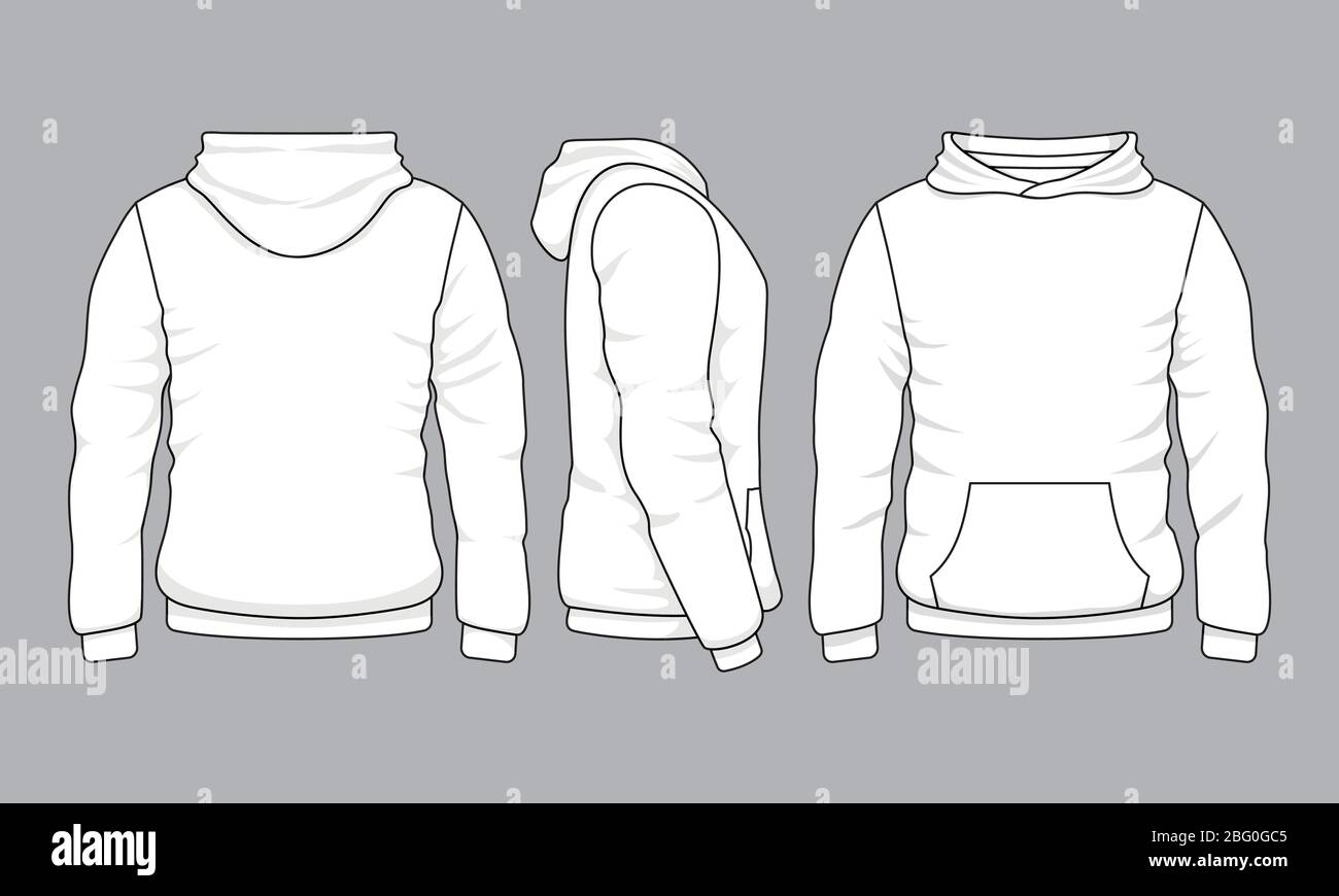Male hoodie sweatshirt in front, back and side views. Vector sweatshirt or sportswear clothing with hood illustration Stock Vector