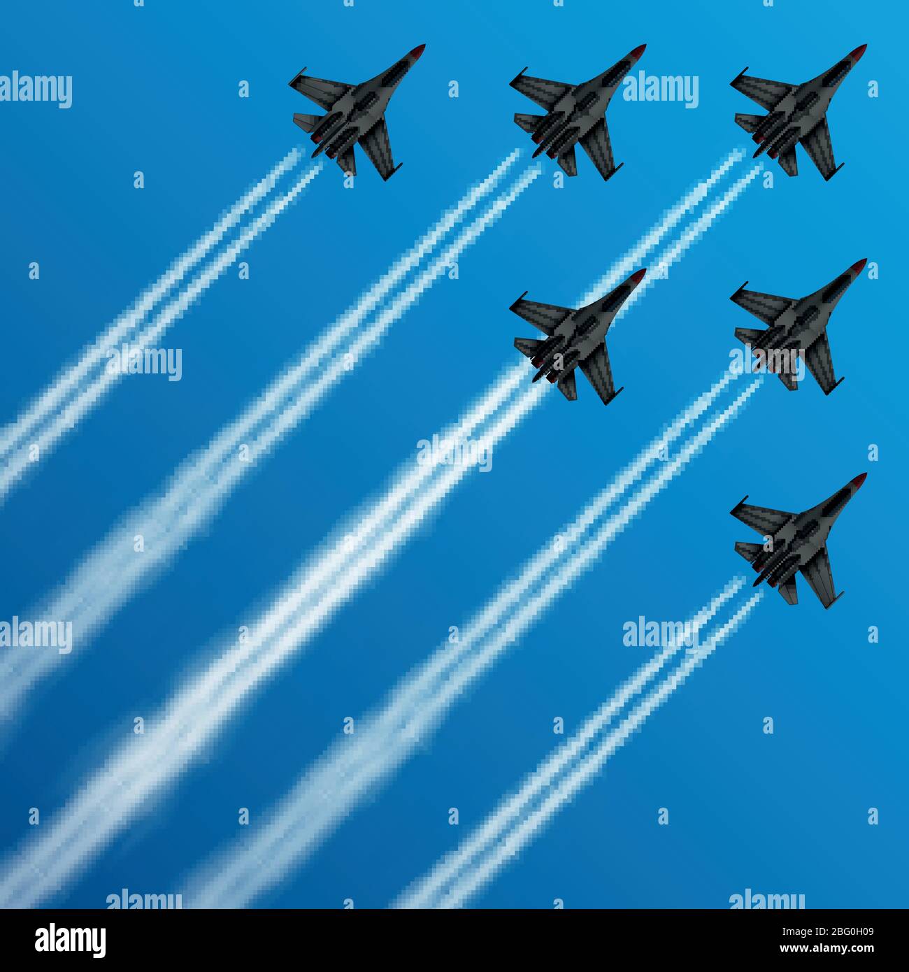 Military fighter jets with condensation trails in sky vector illustration. air, plane, military, show, flight, trail, sky, performance, Airplane army, Stock Vector