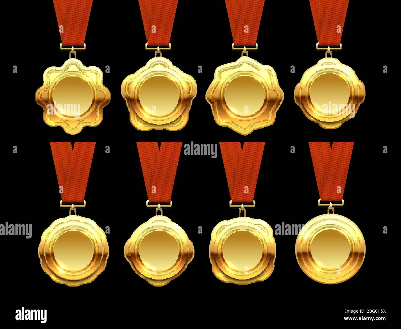 Gold medals vector collection on red ribbons. Set of golden medal for