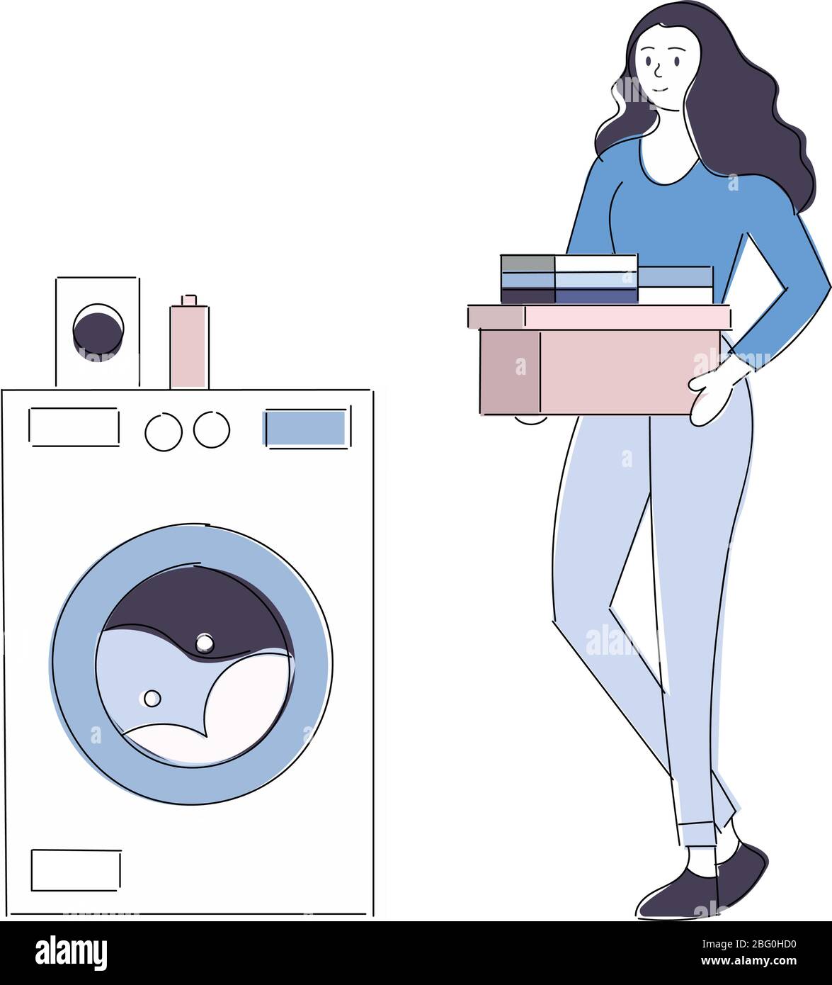 Young housewife is doing laundry with washing machine at home. illustration - white washing machine with a front loading Stock Vector