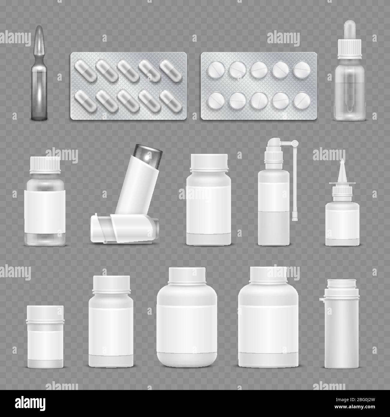 White blank medicine pharmaceutical packaging vector mockups isolated on transparent background. Illustration of pharmaceutical container and tablet i Stock Vector