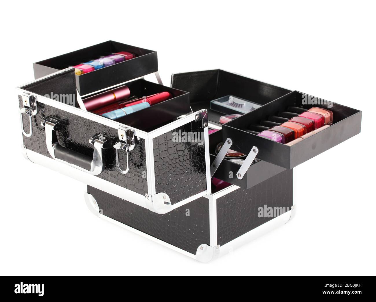 Open case with cosmetics isolated on white stock photo alamy