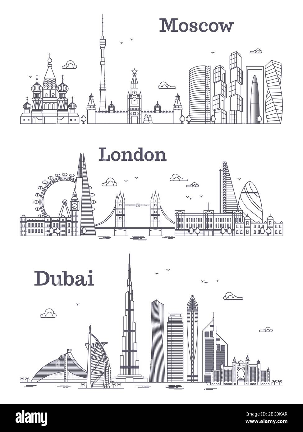 Moscow, London, Dubai linear landmark, modern city skyline, panorama with buildings. Vector illustration Stock Vector