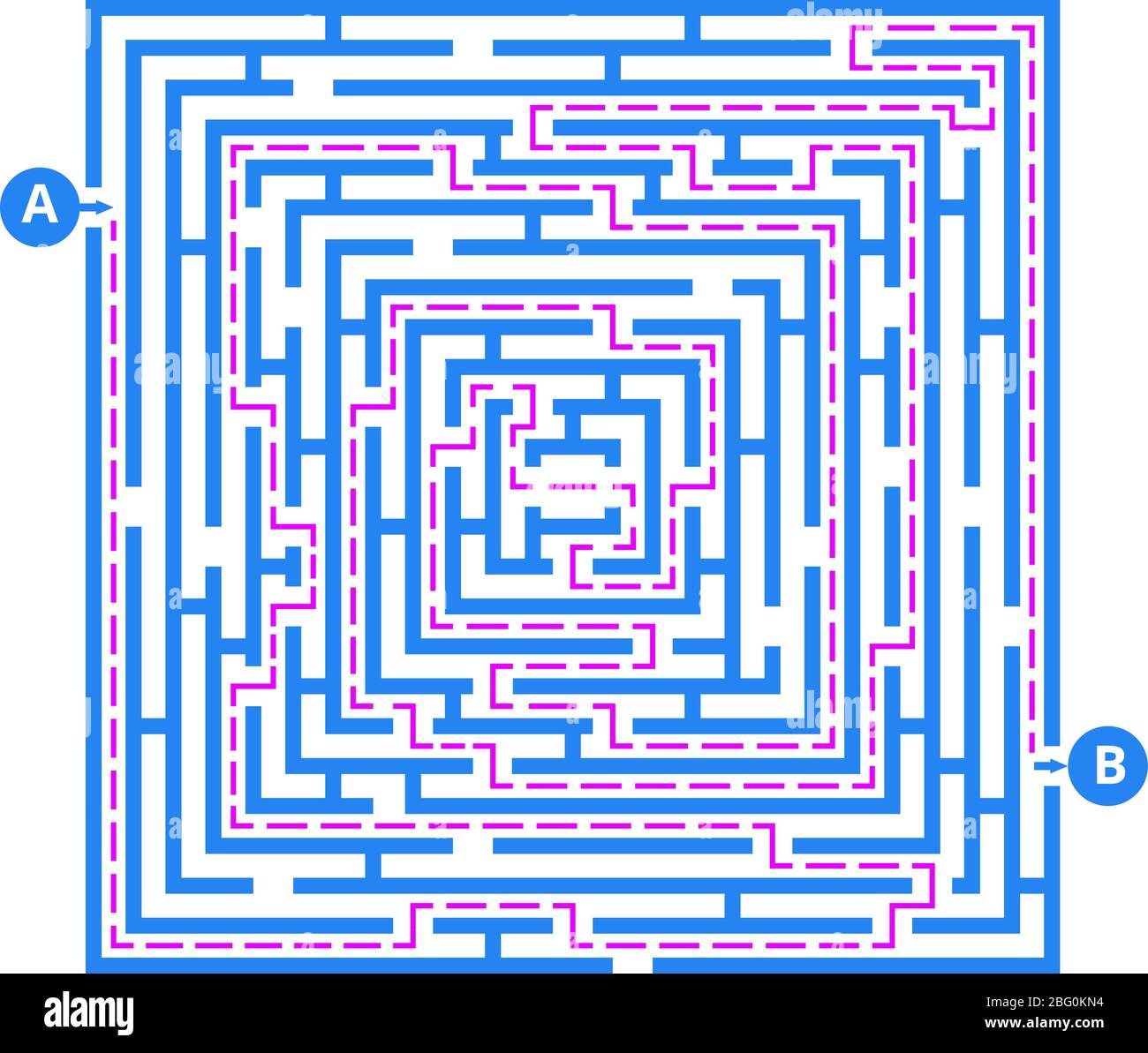 Brain game labyrinth. Vector maze with entry, exit and right way to go. Labyrinth puzzle game, direction to finish illustration Stock Vector