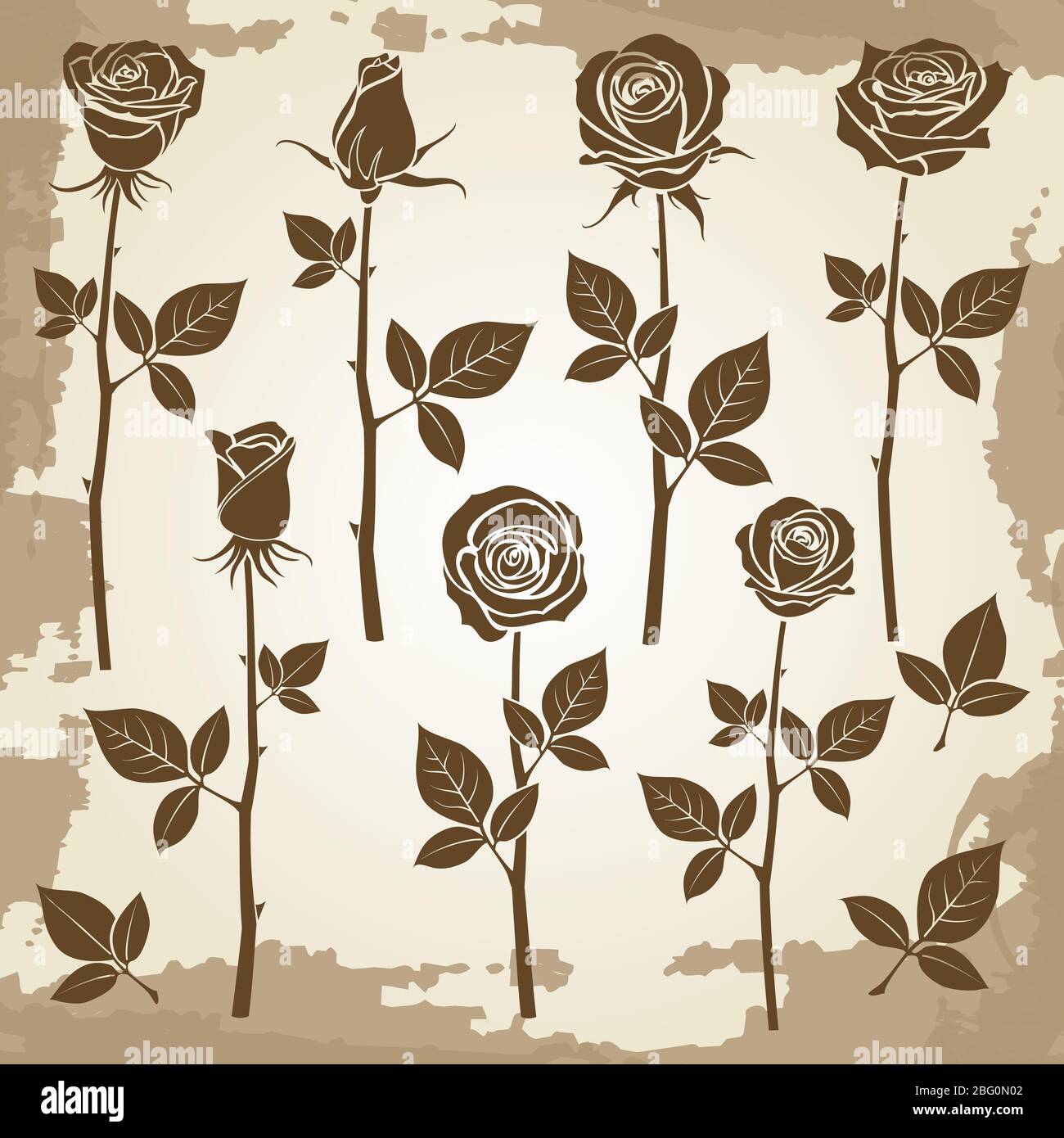 Vintage grunge rose silhouettes of set, spring buds symbols. Vector illustration Stock Vector