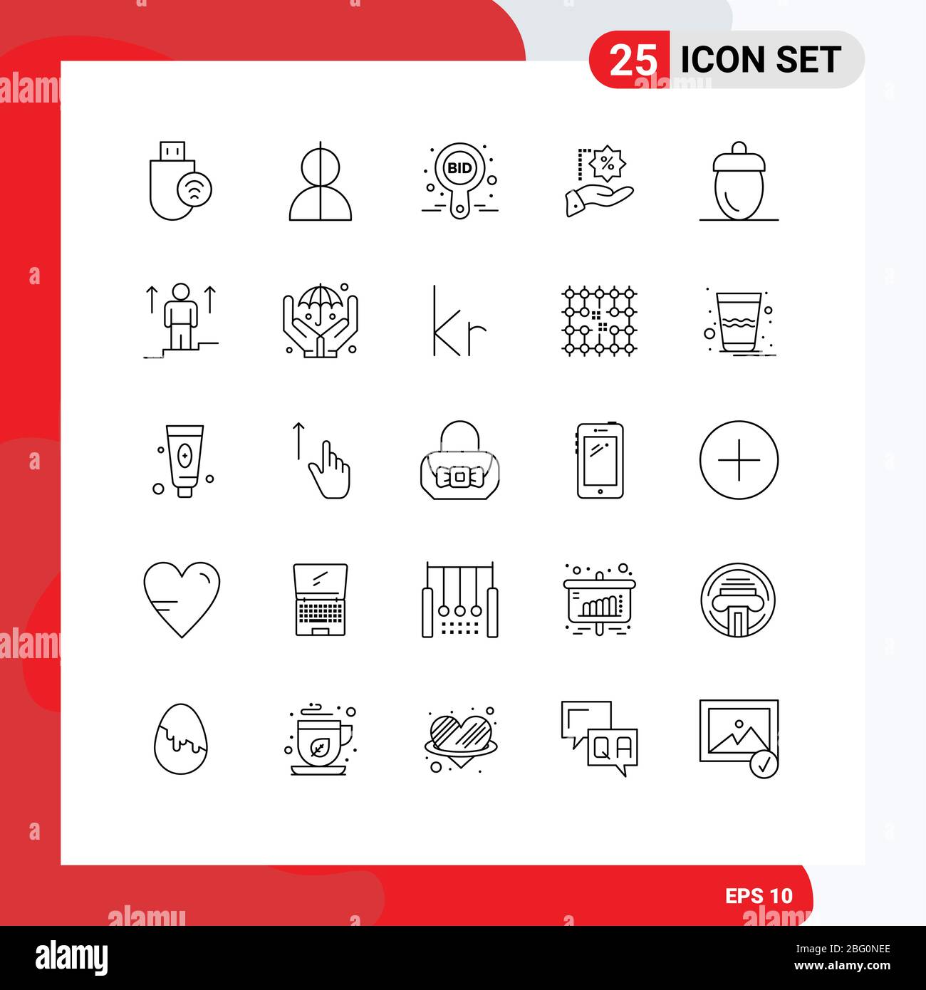 Set of 25 Modern UI Icons Symbols Signs for sale, discount, profile, label, bid Editable Vector Design Elements Stock Vector