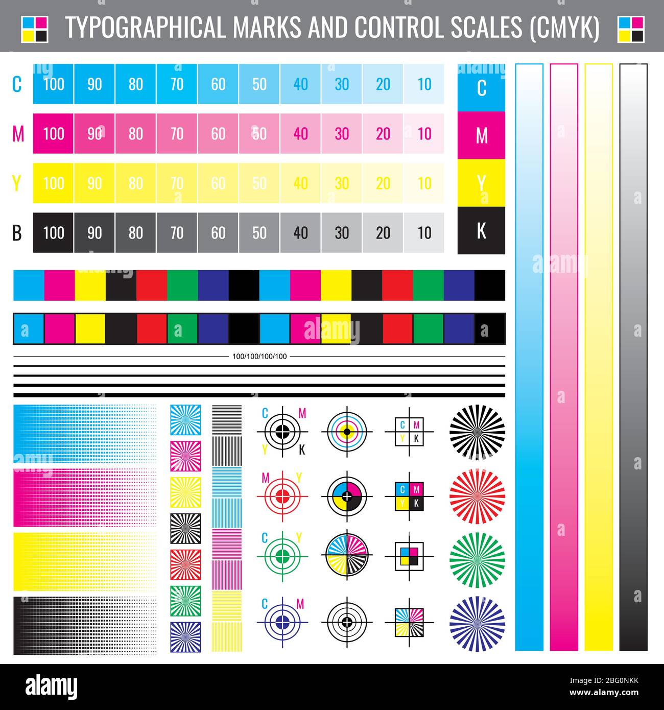 Calibration printing crop marks. CMYK color test vector document. Illustration of calibration color cmyk Stock Vector