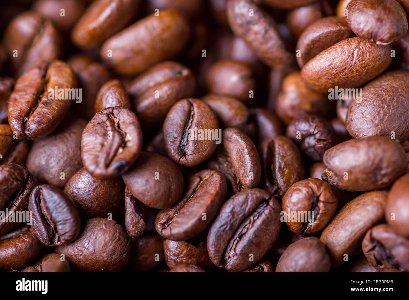 Texture of coffee beans close-up view from above Stock Photo