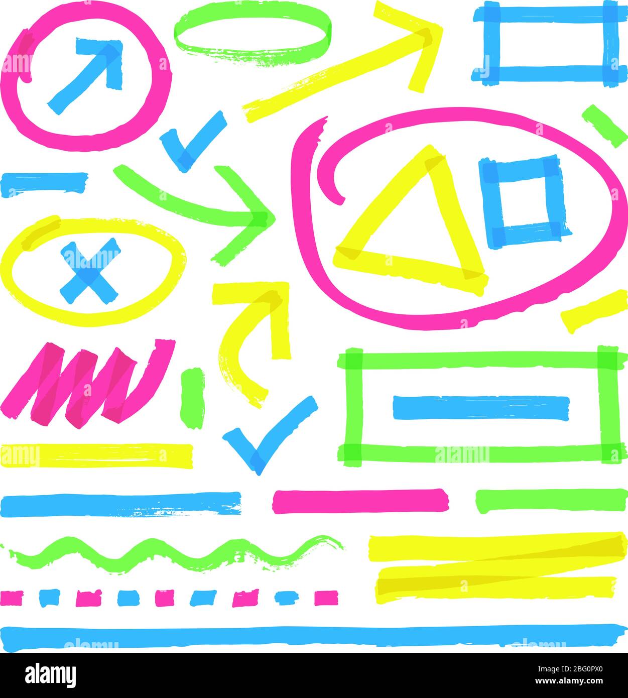 Highlighter vector marks. Color marker stripes, strokes and arrows