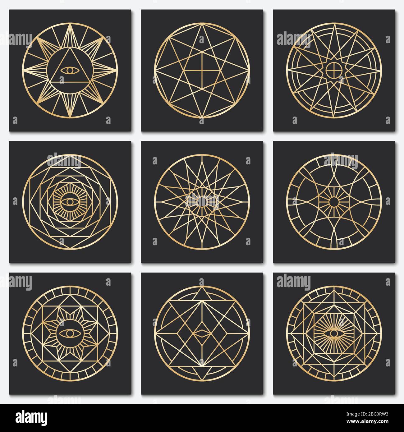 Ancient masonic pentagrams. Steampunk gold sacred vector symbols on dark backgrounds. Mystery circle esoteric symbol, freemasonry geometry spiritualit Stock Vector