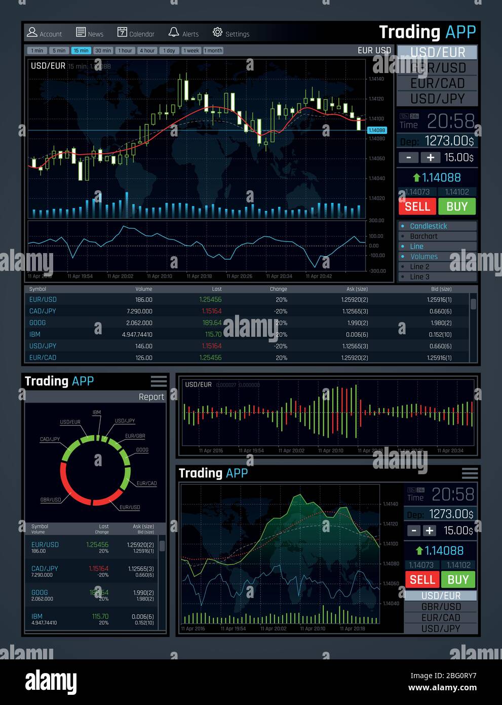 Forex market app vector interface with business financial market charts and global economics data graphs. Illustration of statistic and analysis monitor, investment in economic trade Stock Vector