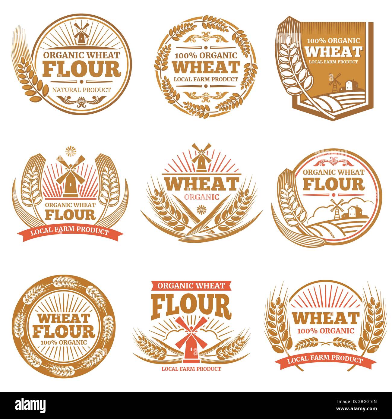Organic wheat flour, farming grain products vector labels and logos. Flour badge market illustration Stock Vector