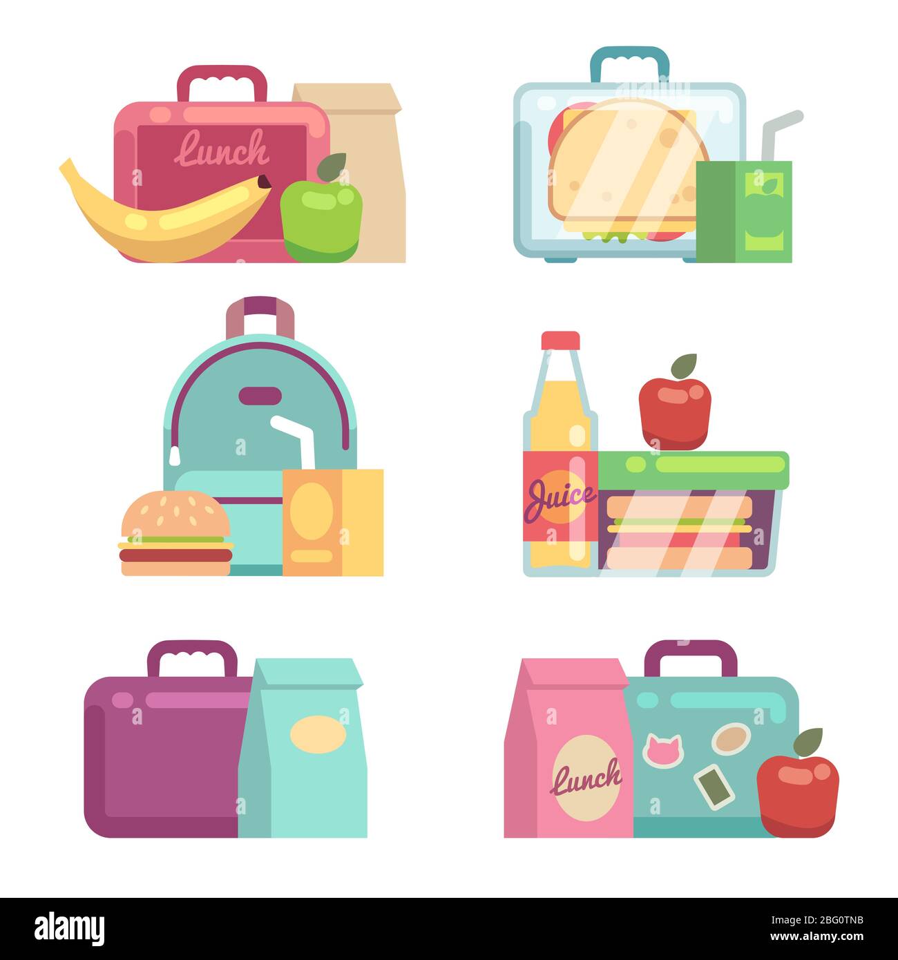 Kids snacks. School lunch boxes vector set. Container with dinner, lunchbox and lunchtime illustration Stock Vector
