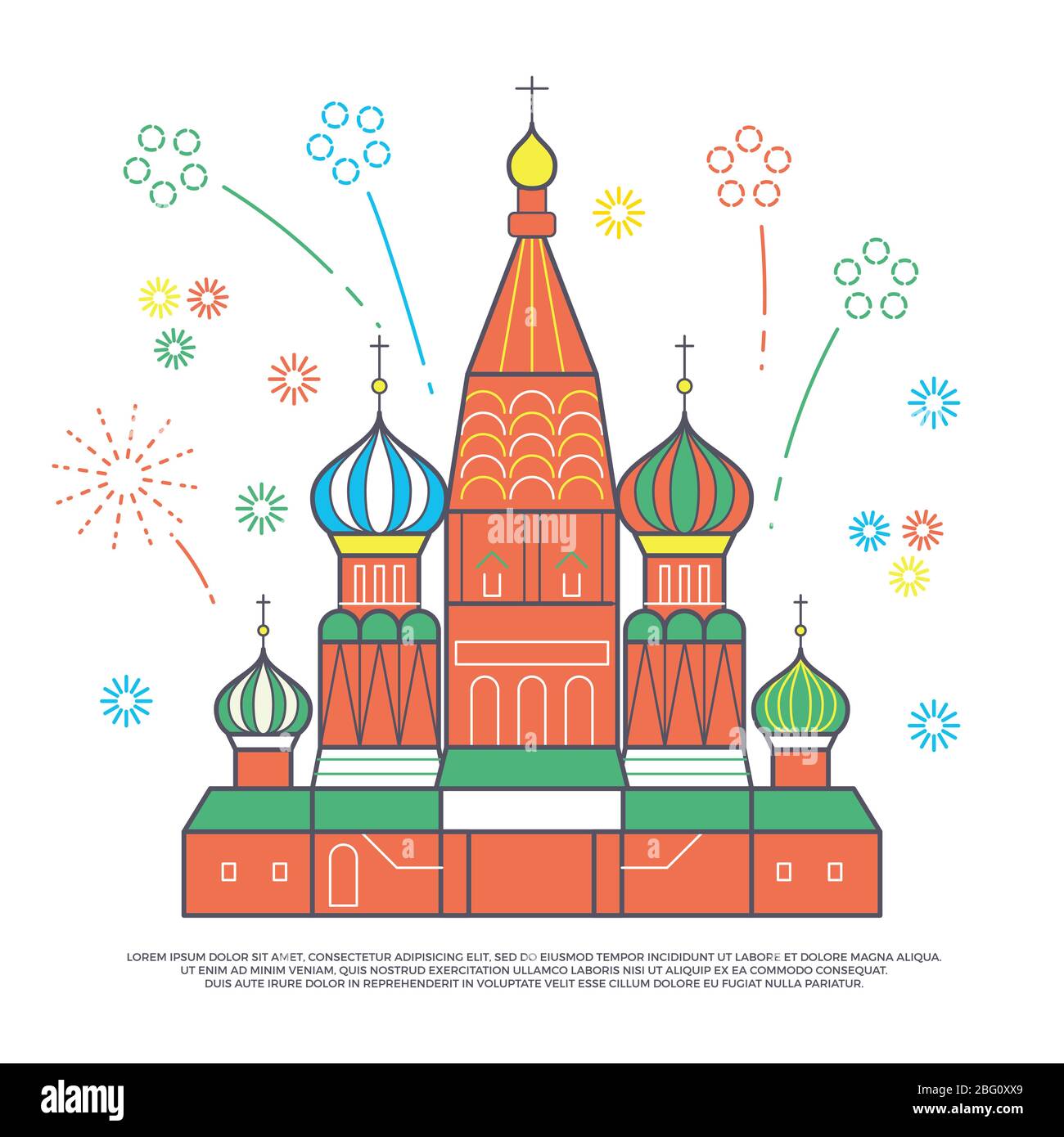 Famous Moscow flat cathedrale with festive fireworks isolated on white background. Vector illustration Stock Vector