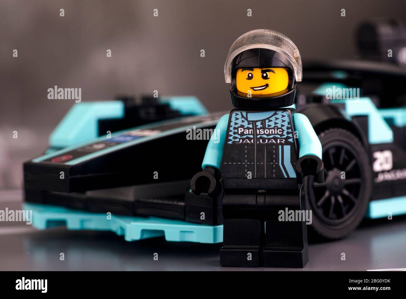 Tambov, Russian Federation - February 19, 2020 Lego Formula E Panasonic  Jaguar Racing Gen2 driver minifigure by LEGO Speed Champions near his car  Stock Photo - Alamy