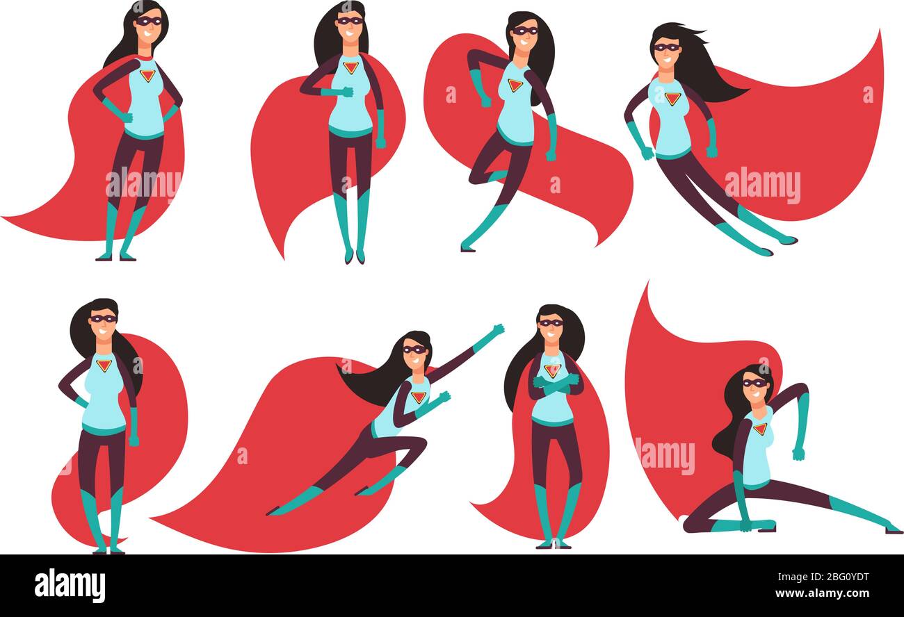 Comic superwoman actions in different poses. Female superhero vector