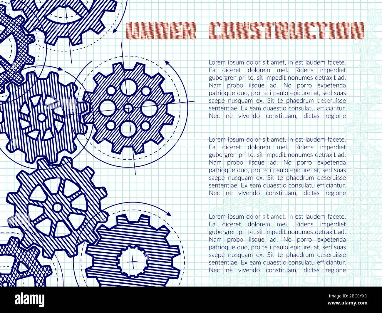 Under construction vector background with hand drawn gears on notebook page. Illustration of under construction banner for web Stock Vector