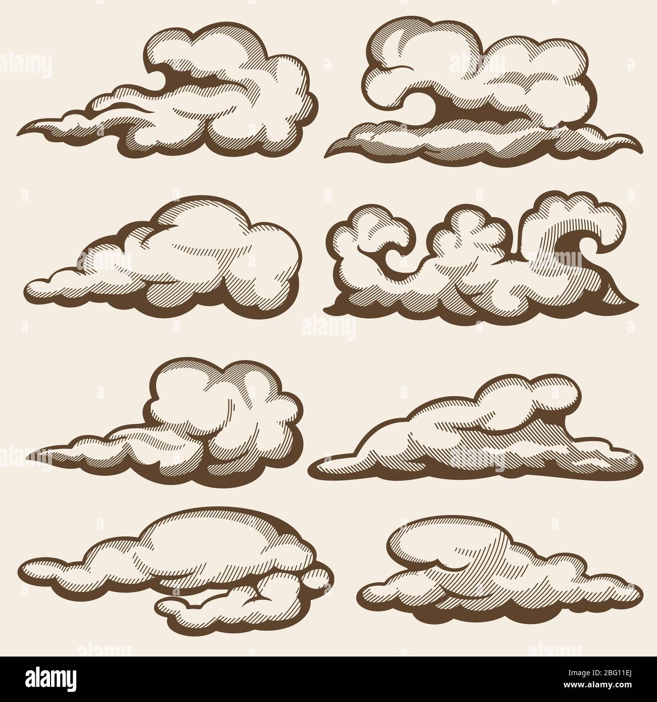 Vintage engraving clouds. Hand drawn vector set. Cloud engraving drawing in sky retro style illustration Stock Vector