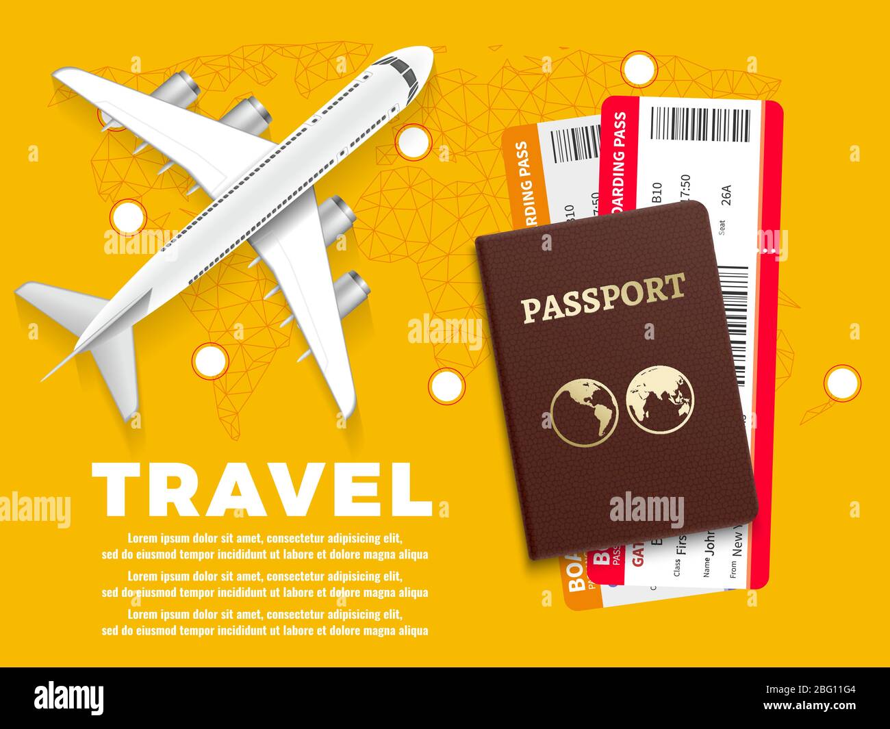 Air travel banner with plane world map and passport - vacation concept design. Banner with airplane and vacation tickets. Vector illustration Stock Vector