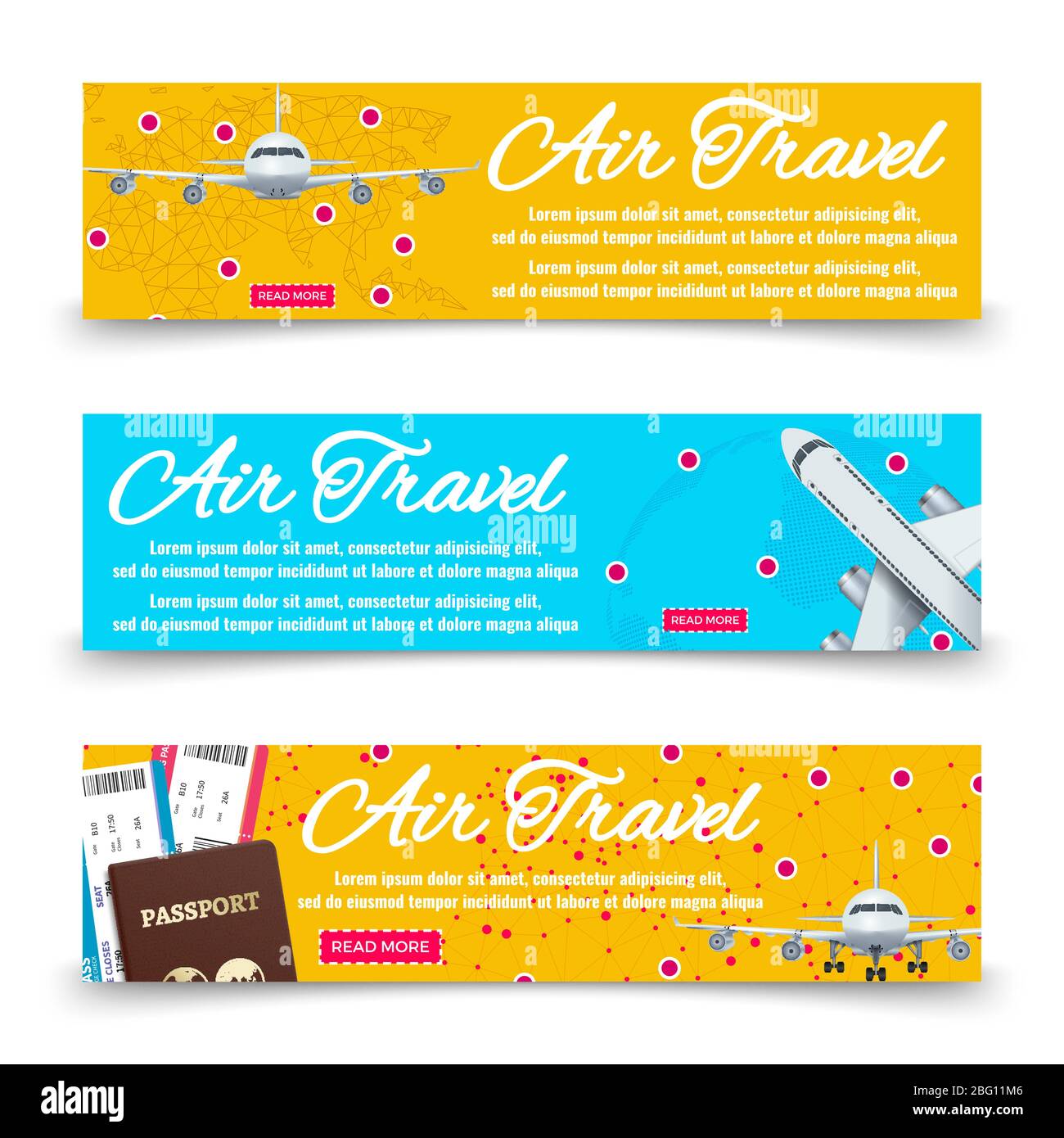 Air travel banners collection - international vacation banners. Collection of travel posters. Vector illustration Stock Vector
