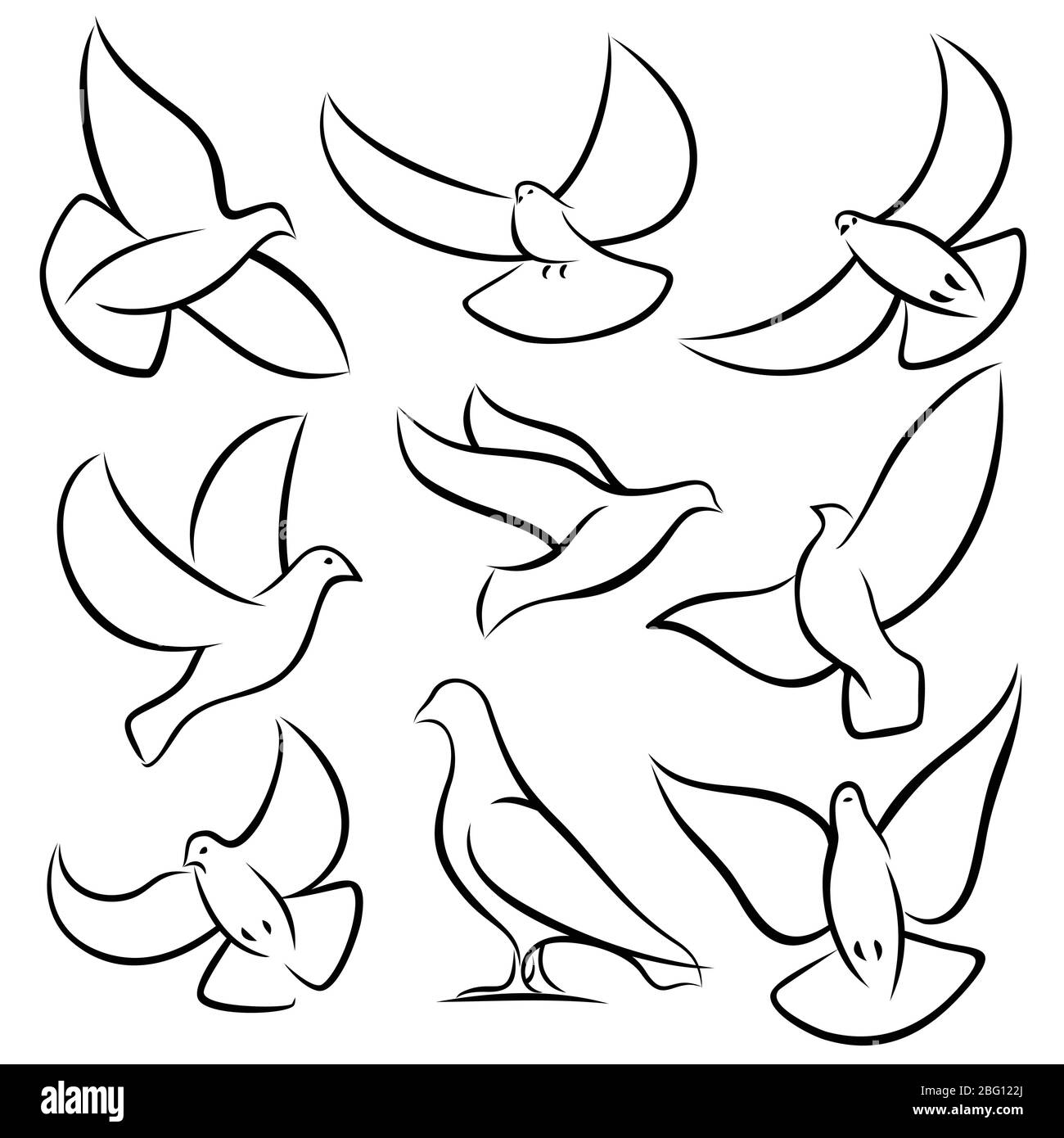 Outline flying doves, white birds and pigeons vector logos. Holy spirit, easter, love and peace design elements. Dove sketch, bird pigeon freedom and Stock Vector