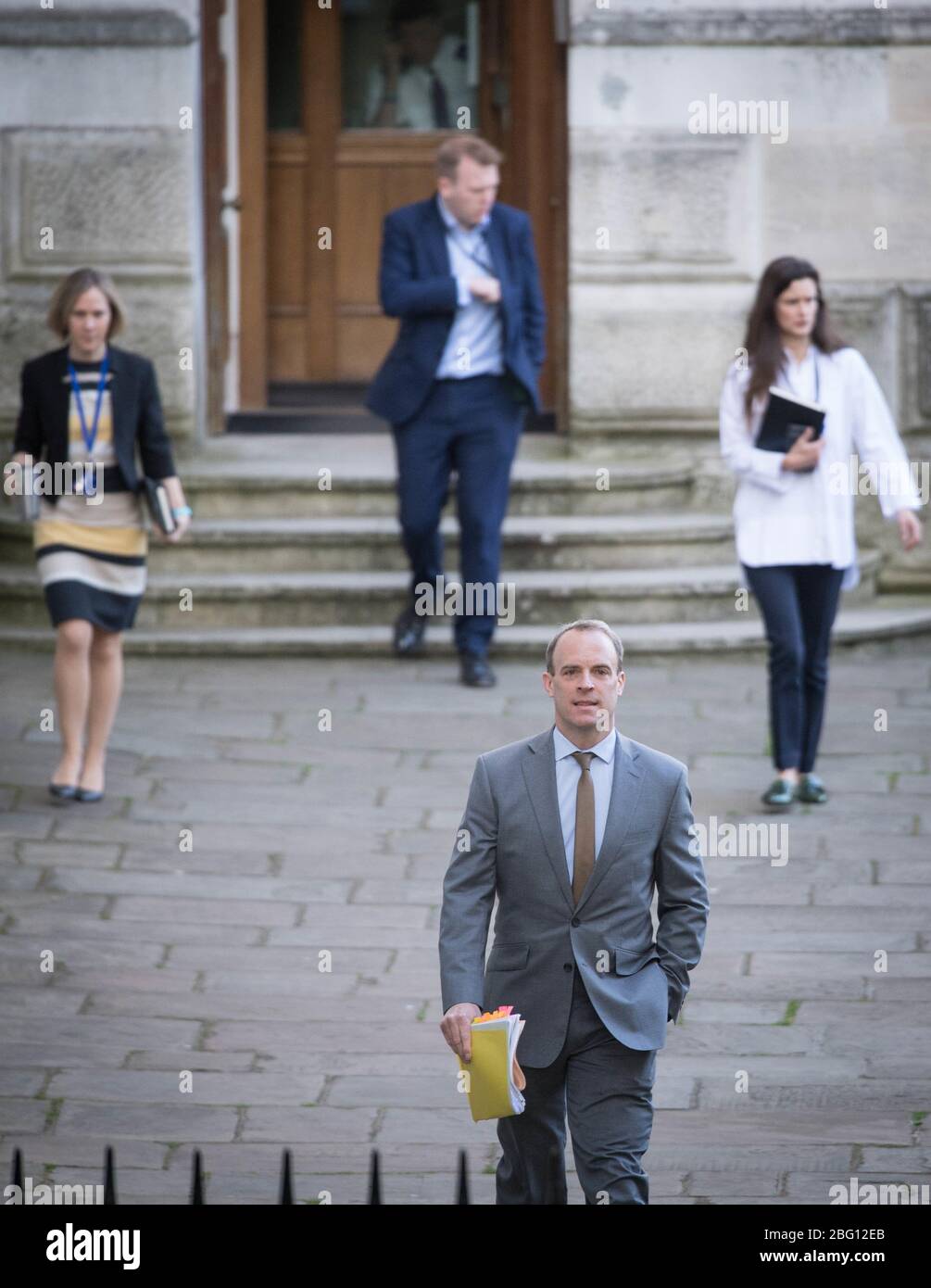 Foreign Secretary, Dominic Raab arrives in Downing Street, London for his daily meeting with heath officials. PA Photo. Picture date: Monday April 20, 2020. See PA story HEALTH Coronavirus. Photo credit should read: Stefan Rousseau/PA Wire Stock Photo