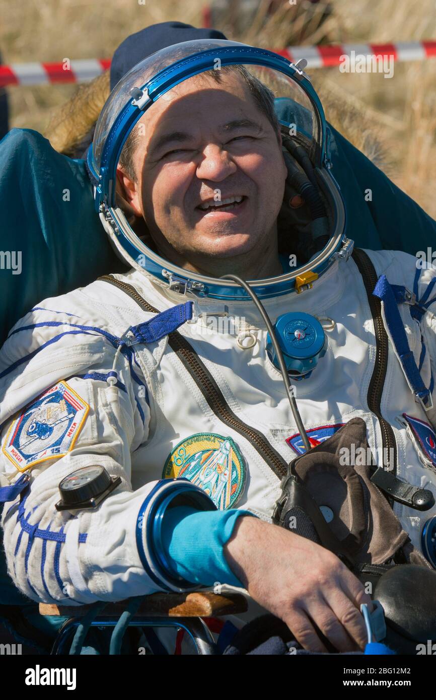 ZHEZKAZGAN, KAZAKHSTAN - 17 April 2020 - Expedition 62 cosmonaut Oleg Skripochka is seen outside the Soyuz MS-15 spacecraft after he landed with NASA Stock Photo