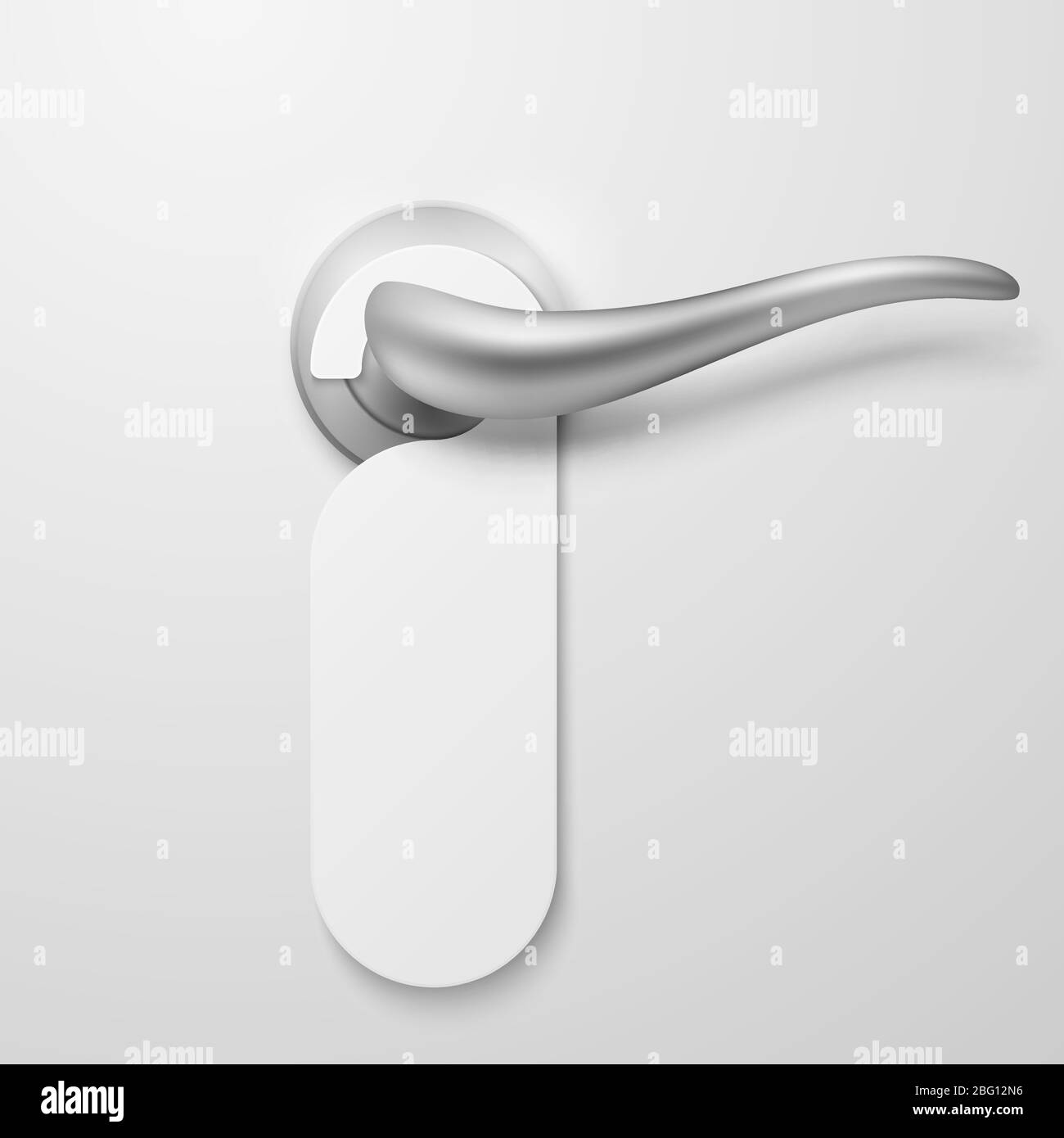 Hotel door handle with white blank plastic hanger vector illustration. Hang door with empty tag no disturb Stock Vector