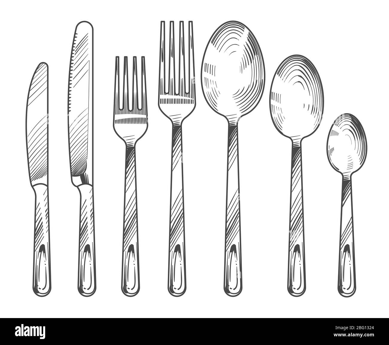 Sketch silver knife, fork and spoon. Hand drawn cutlery vector set. Cutlery silver knife and fork, sketch dinner silverware illustration Stock Vector