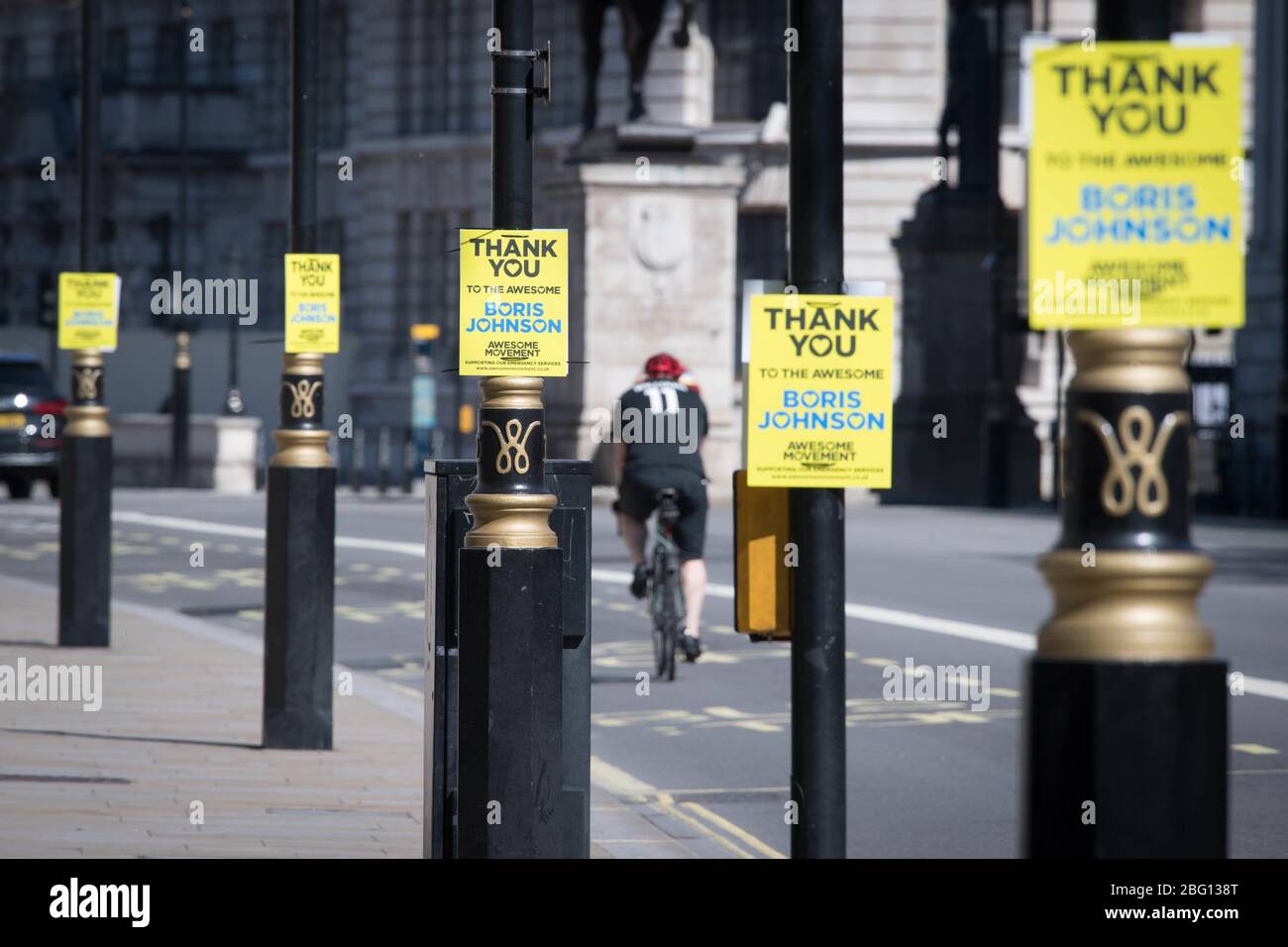 Messages of support for Prime minister, Boris Johnson are left on lampposts in Whitehall, London whilst he continues to recover from Covid 19 at Chequers. PA Photo. Picture date: Monday April 20, 2020. See PA story HEALTH Coronavirus. Photo credit should read: Stefan Rousseau/PA Wire Stock Photo