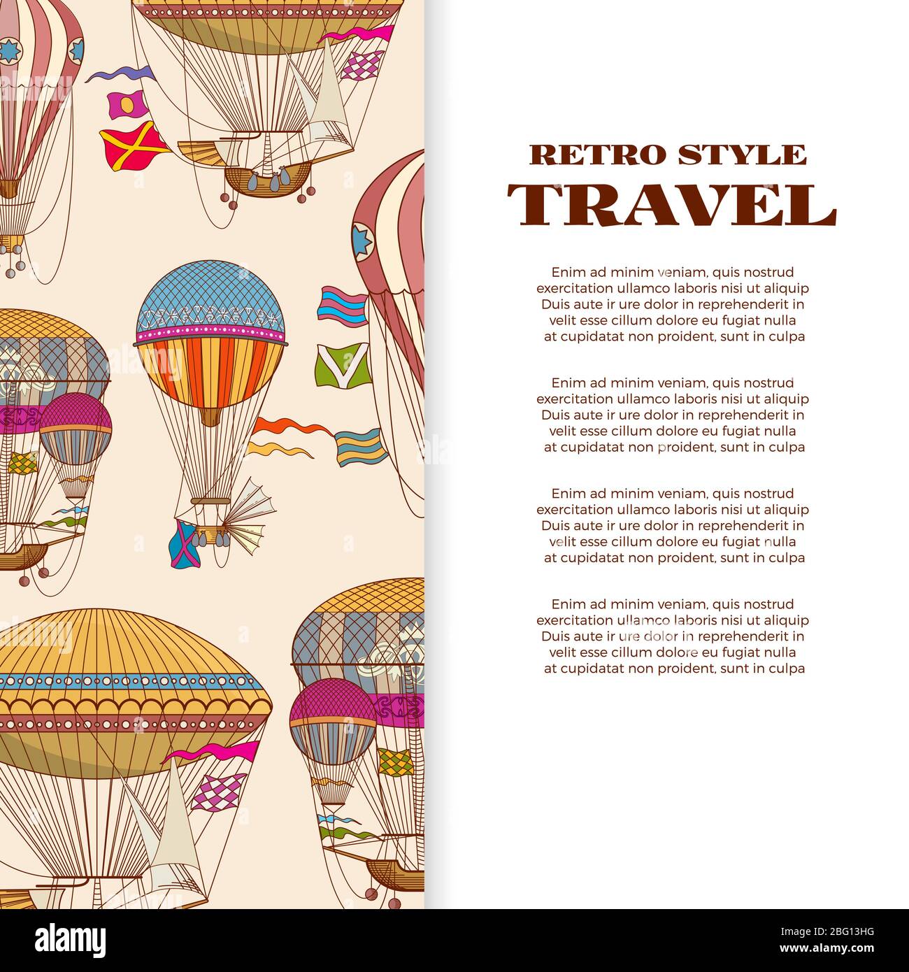 Travel banner with vintage bright hot air balloons. Vector illustration ...