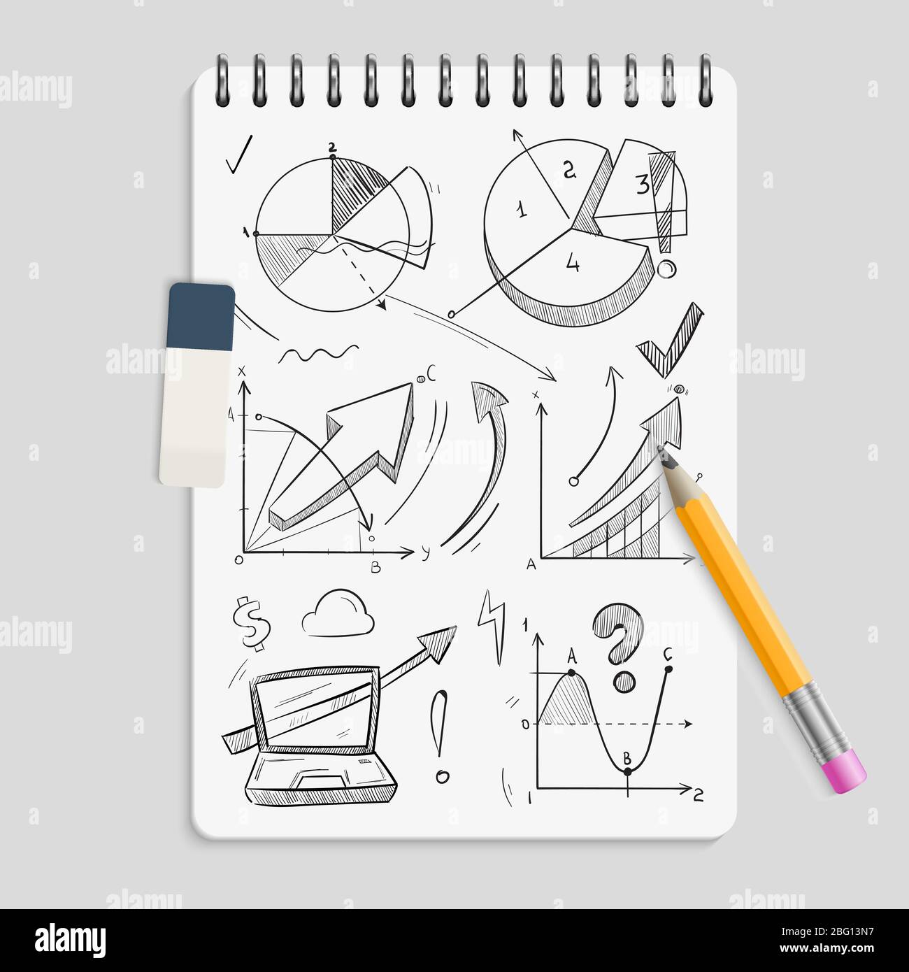 Business graphics pencil sketches on realistic notebook with eraser and pencil - brainstorm concept. Sketch business graphic doodle, pencil drawing diagram on notepad. Vector illustration Stock Vector