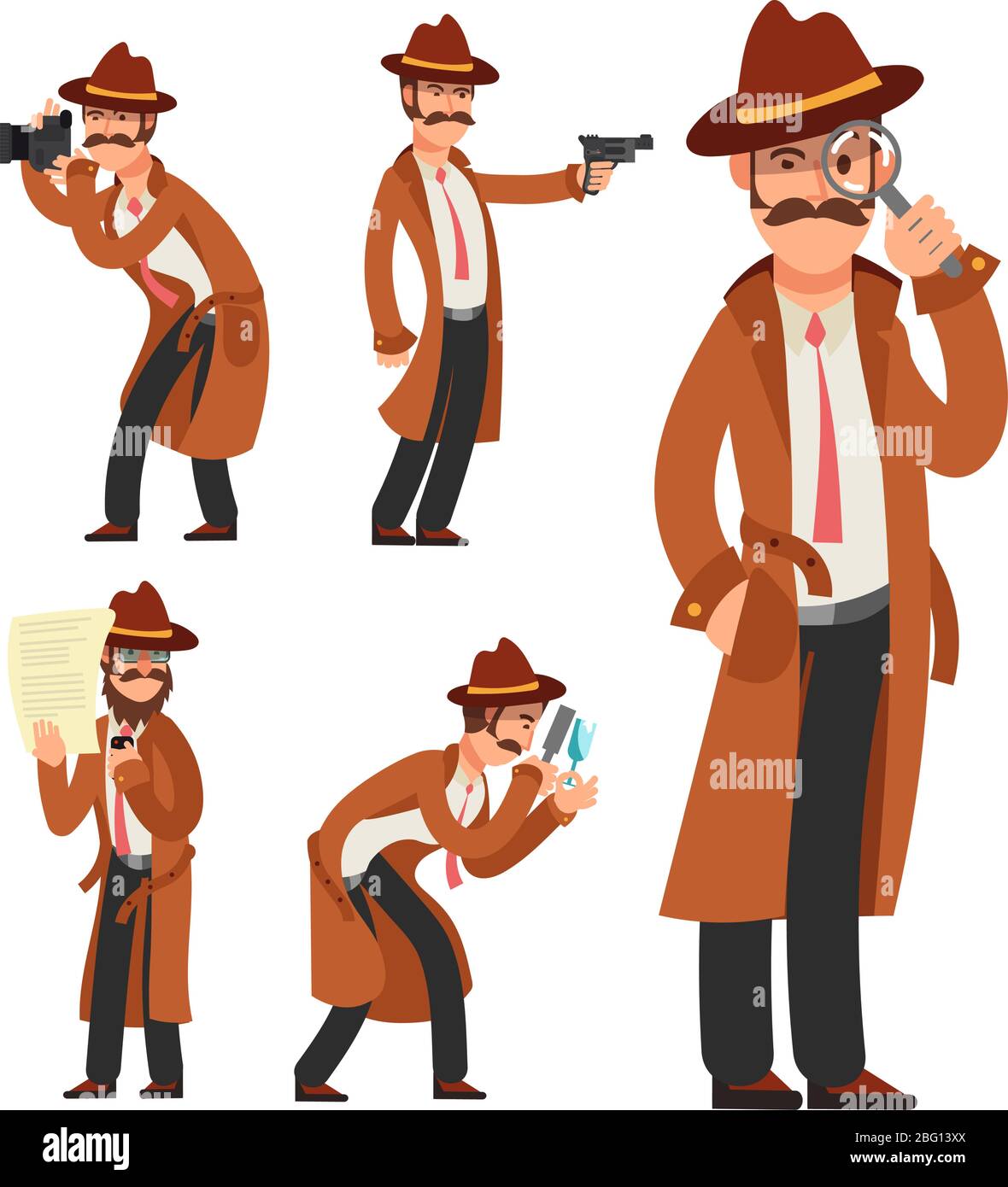 Cartoon private detective. Police inspector vector character set. Police detective and inspector cartoon character illustration Stock Vector