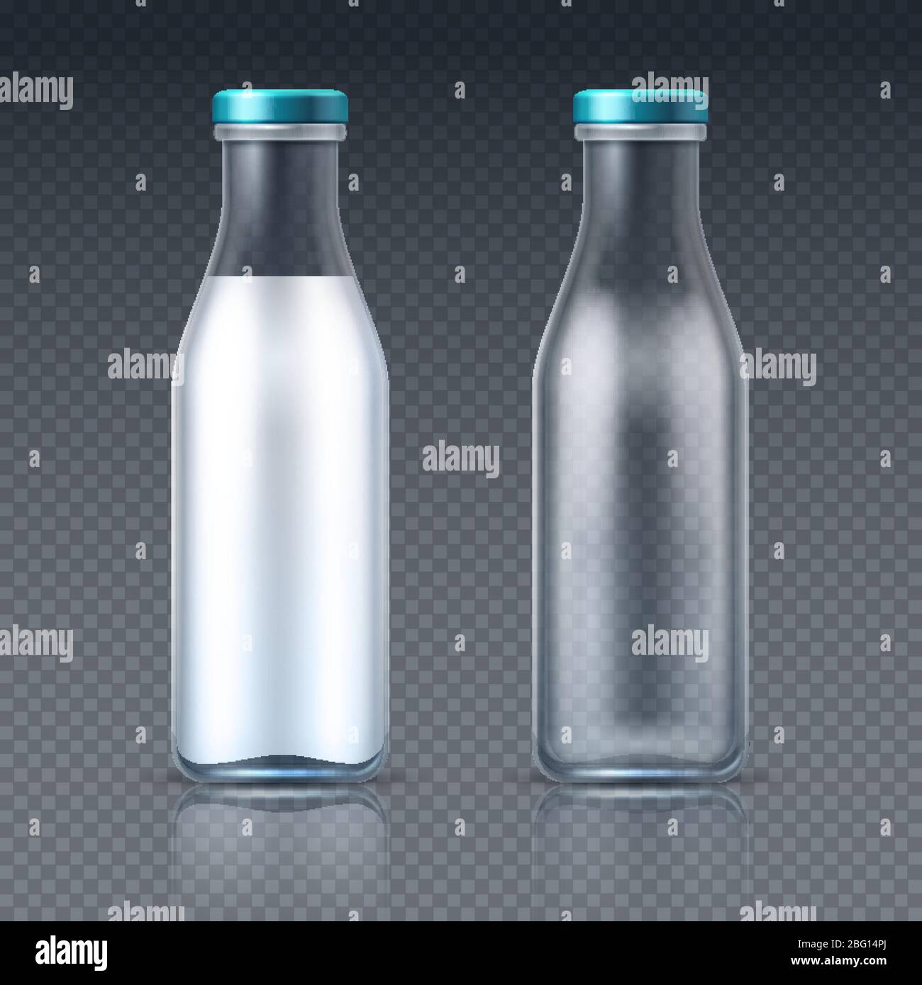 Glass beverage bottles empty and with milk. Dairy product packaging