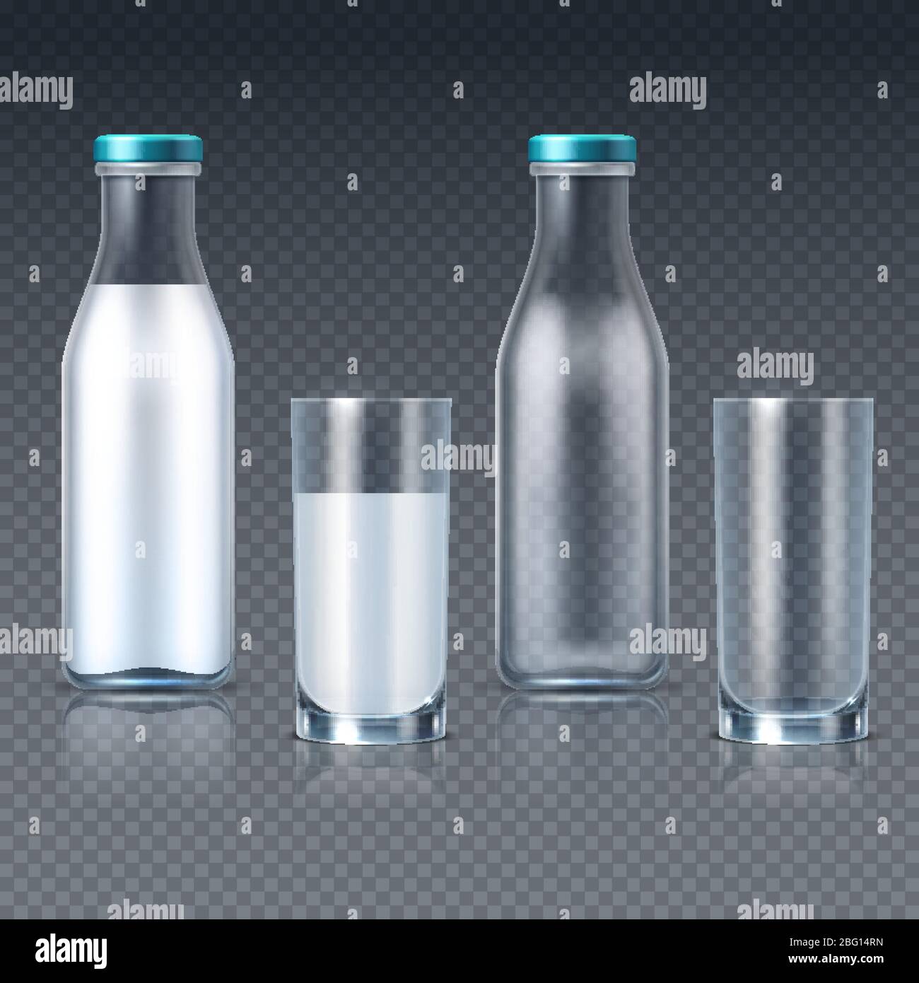 Realistic glass bottles and glasses with milk vector templates isolated ...