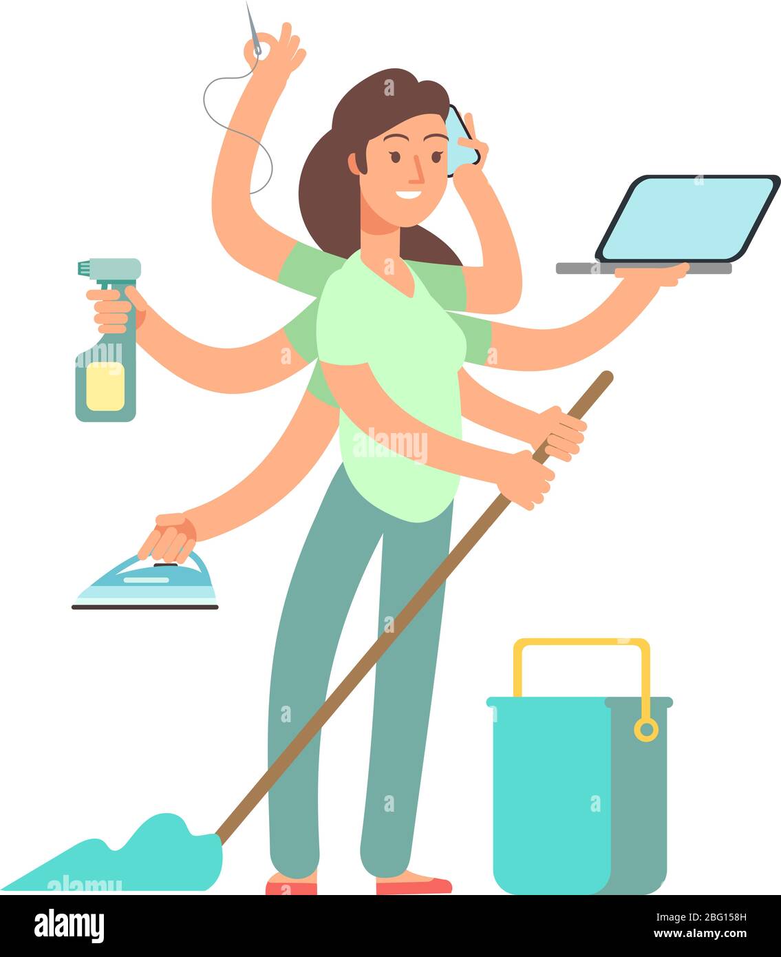 Super mom vector concept. Stressed mother in business and housework activities. Mother housework, mom busy multi tasking illustration Stock Vector