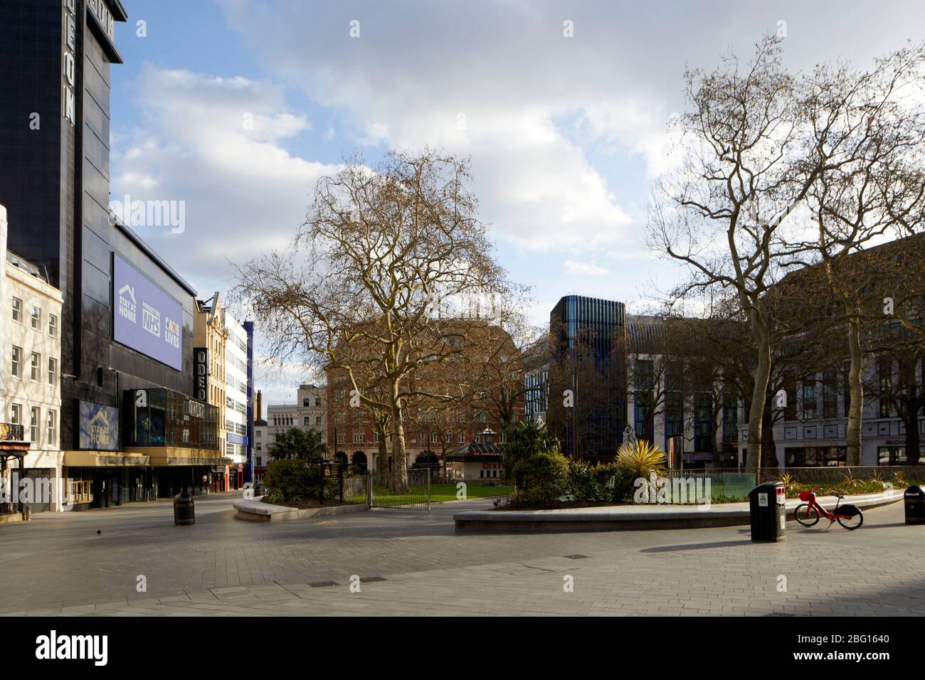 Empty deserted Leicester Square during restricted travel of Coronavirus COVID-19 Lockdown in London xxx, England Stock Photo
