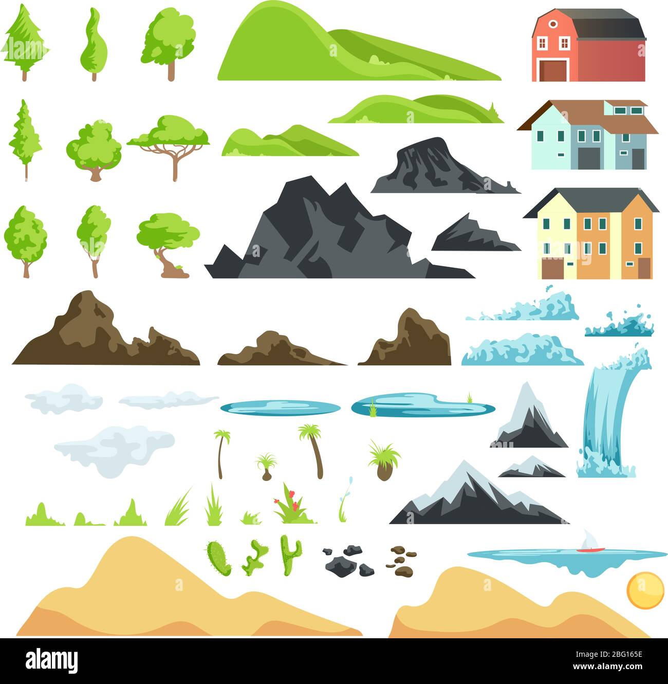 Cartoon landscape vector elements with mountains, hills, tropical trees and buildings. Hill and mountain nature illustration Stock Vector