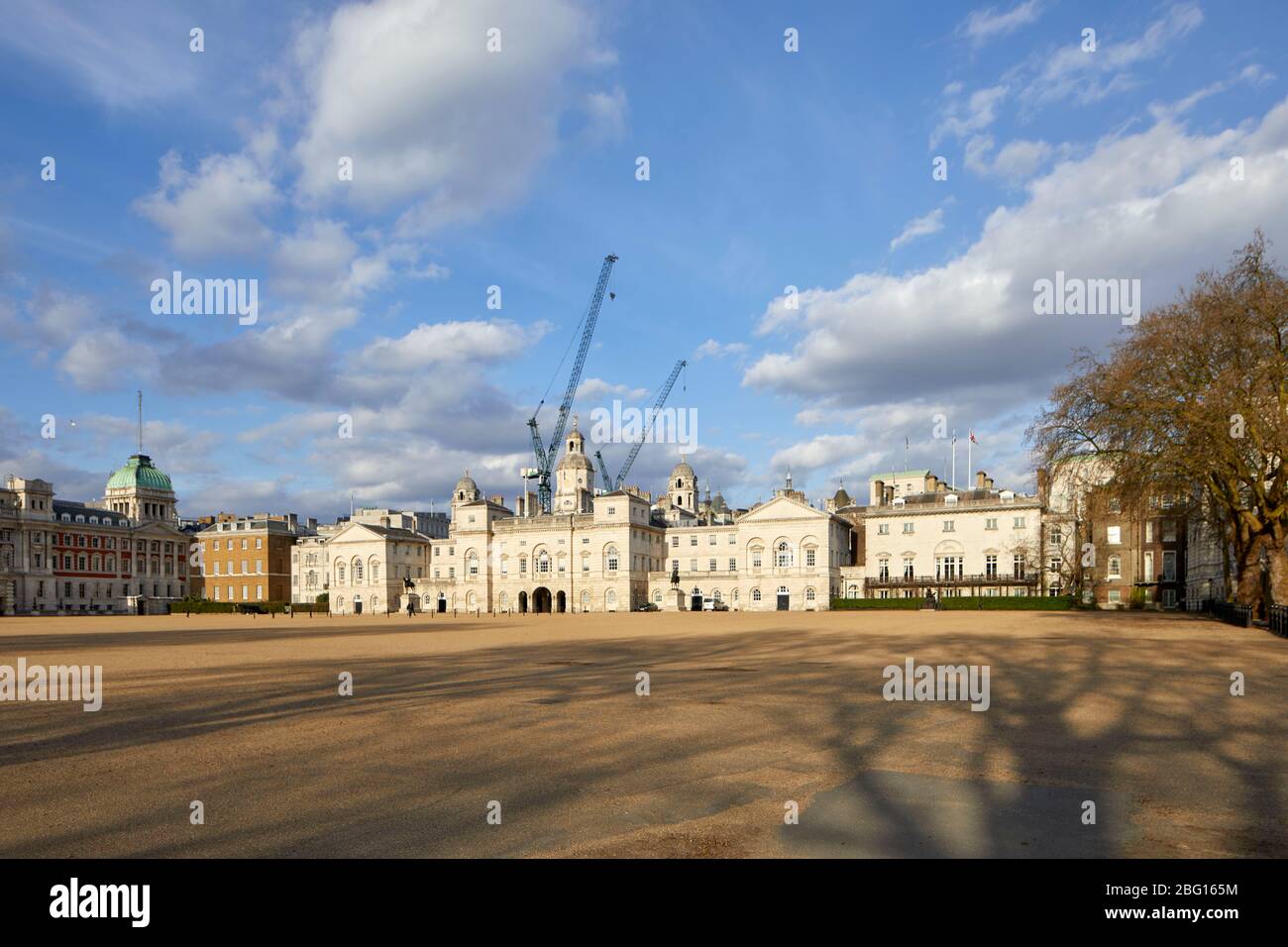 Empty deserted area of Horse Guards Parade with Old Admiralty building during restricted travel of Coronavirus COVID-19 Lockdown in London SW1, Englan Stock Photo