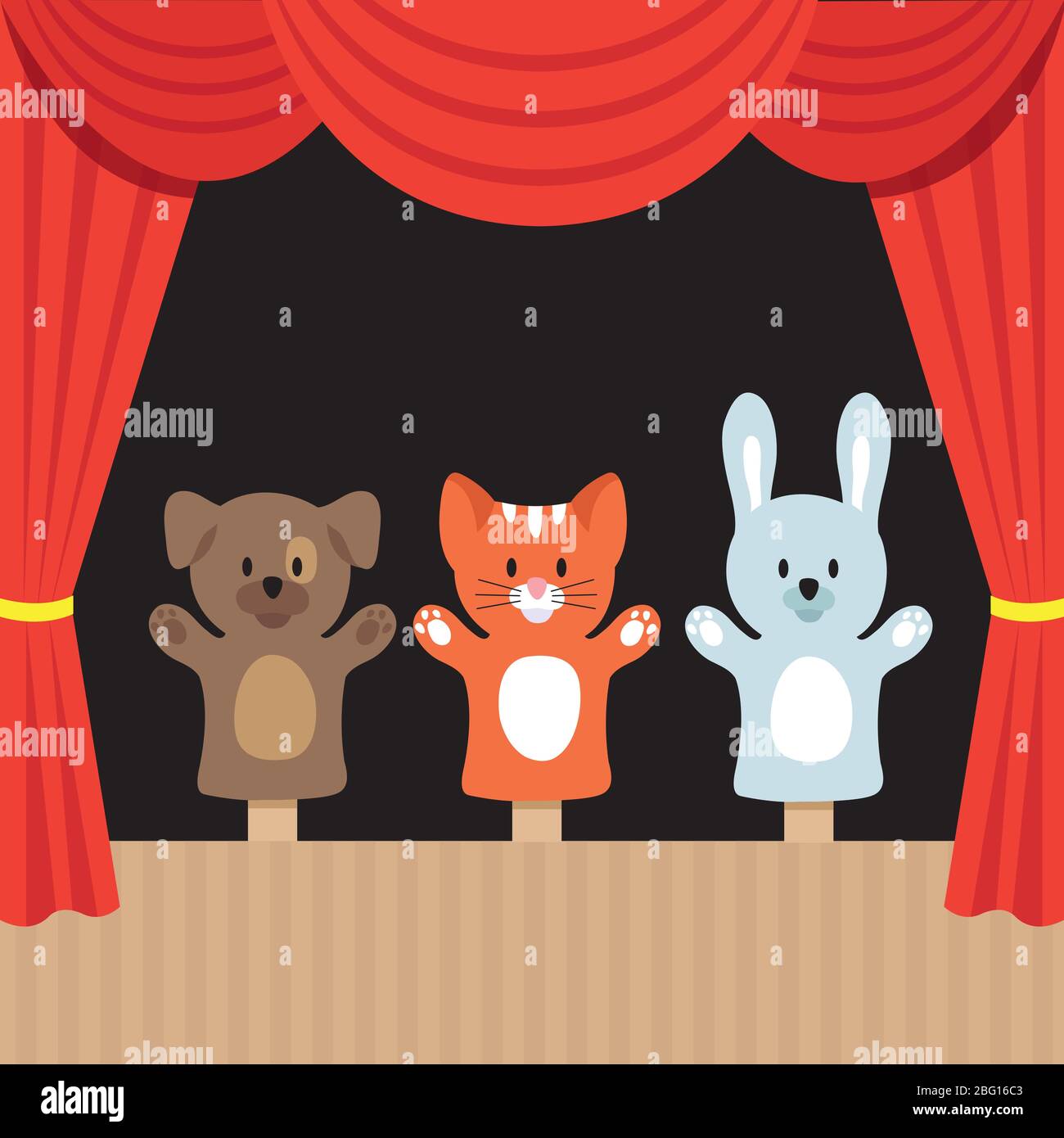 Childrens puppet theater scene with cute animals and red curtain. Cartoon vector illustration