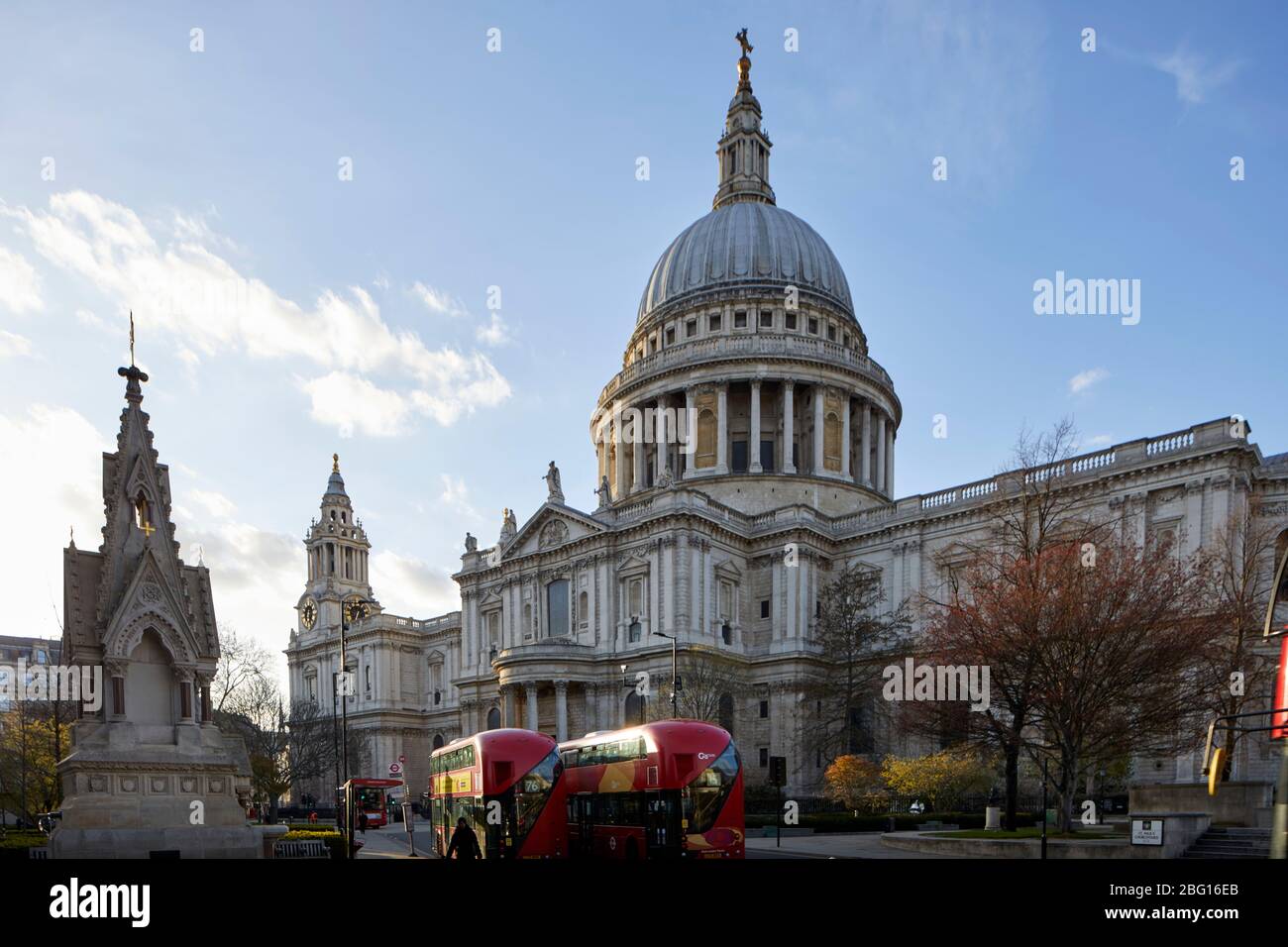 Empty deserted streets around St Paul's Cathedral during restricted travel of Coronavirus COVID-19 quarantine lockdown in London EC4, England Stock Photo