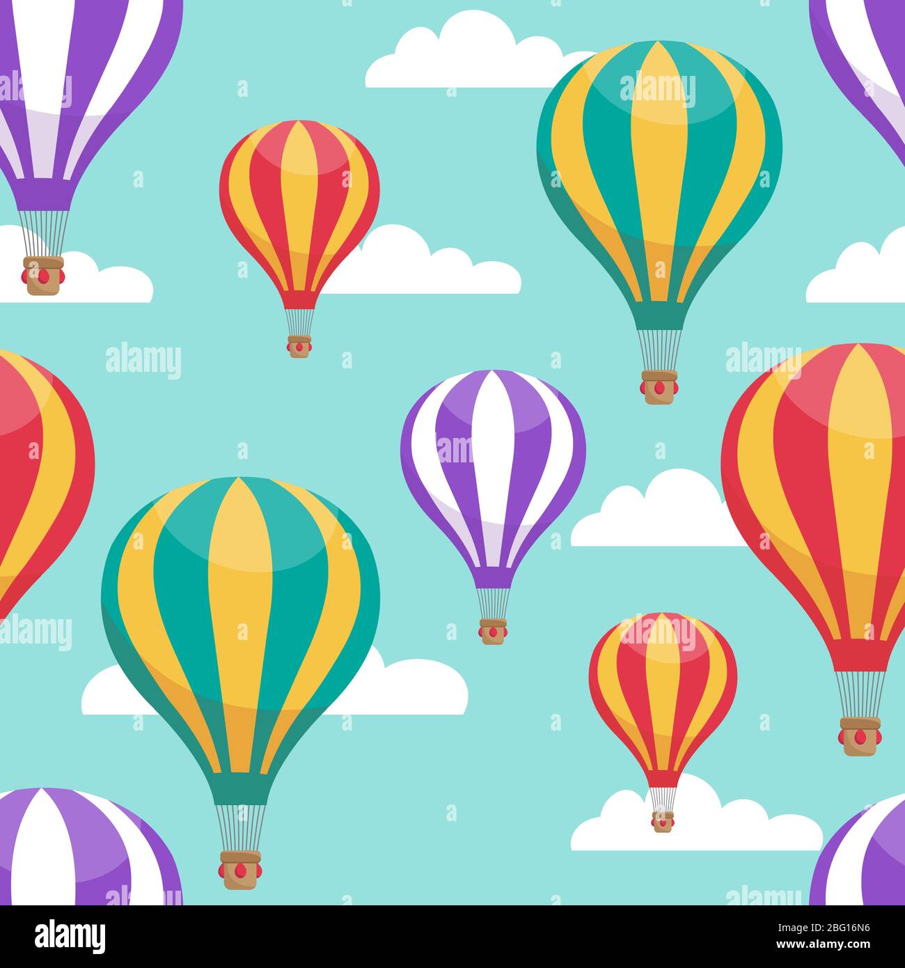 Cartoon hot air balloons in blue sky vector seamless pattern for air travel concept. Illustration of striped air balloon pattern Stock Vector