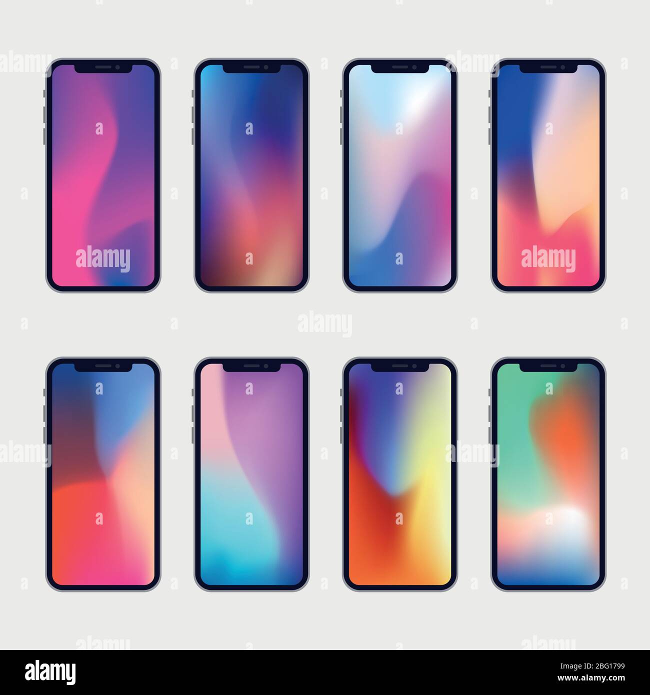 New generation phone with 8 modern wallpapers. Vector mockups collection. Smartphone screensaver wallpaper colored background illustration Stock Vector